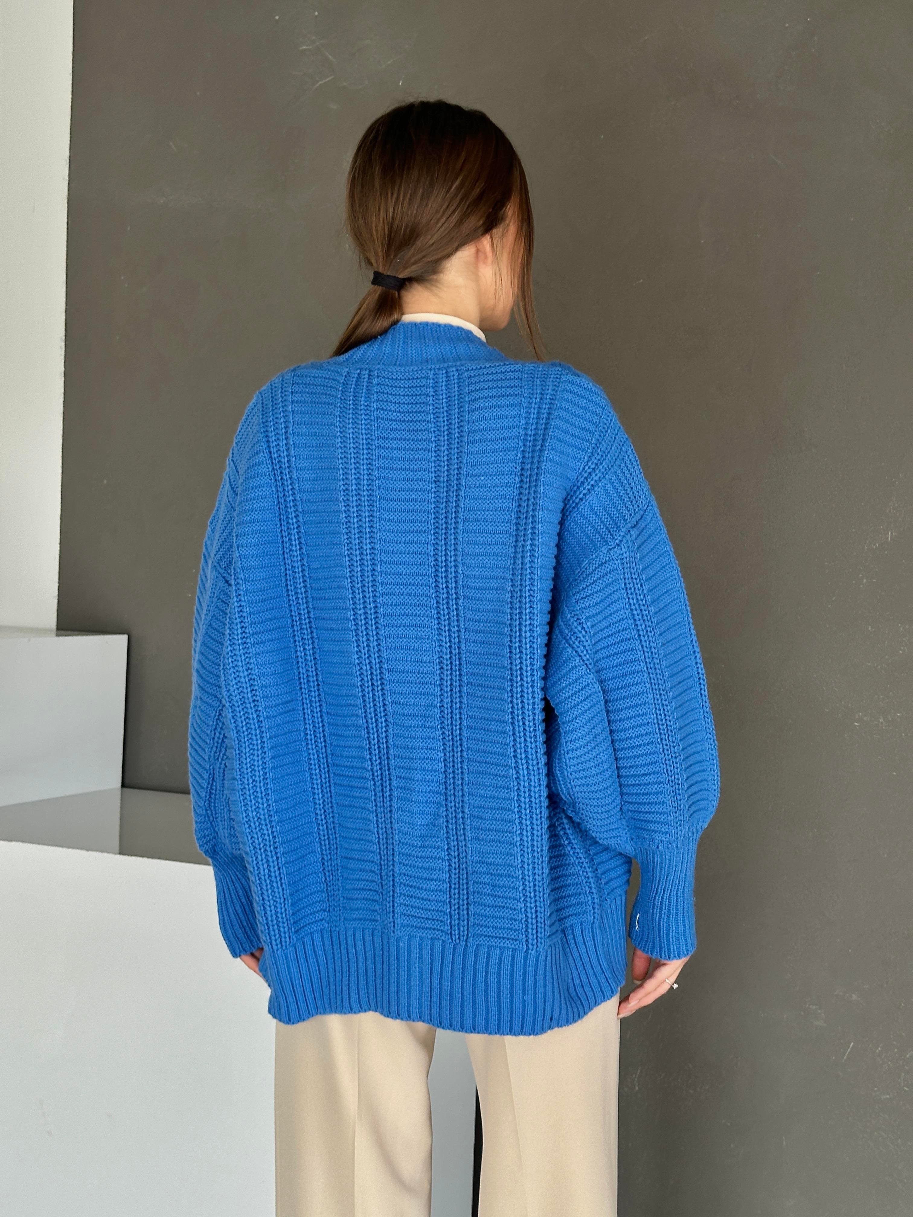 Düğmeli Oversize Örgü Hırka Mavi