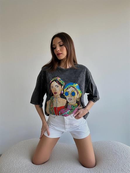 Girl Baskı Yıkamalı T-Shirt Füme