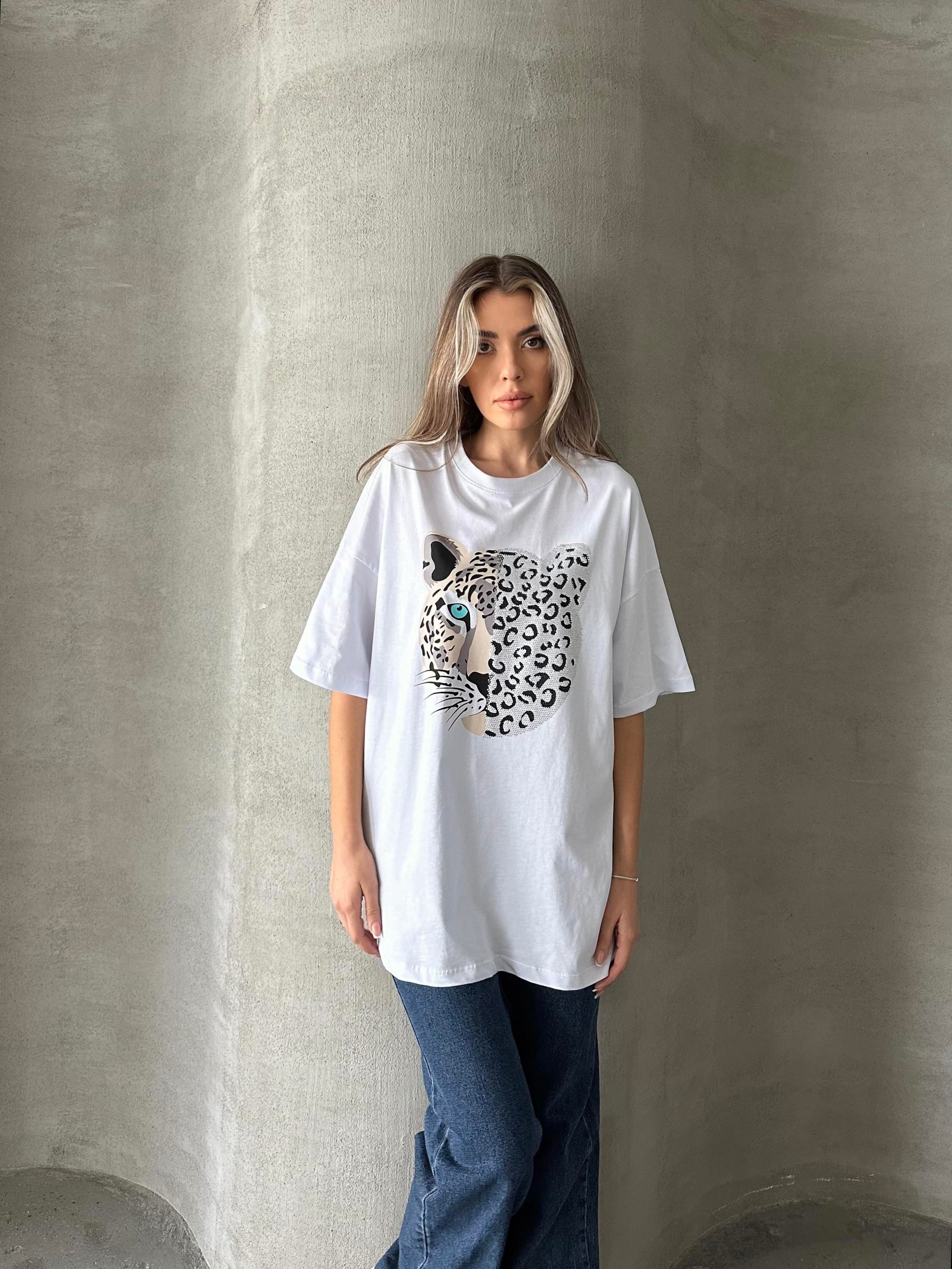 Woni Leopar Baskılı Tshirt Beyaz