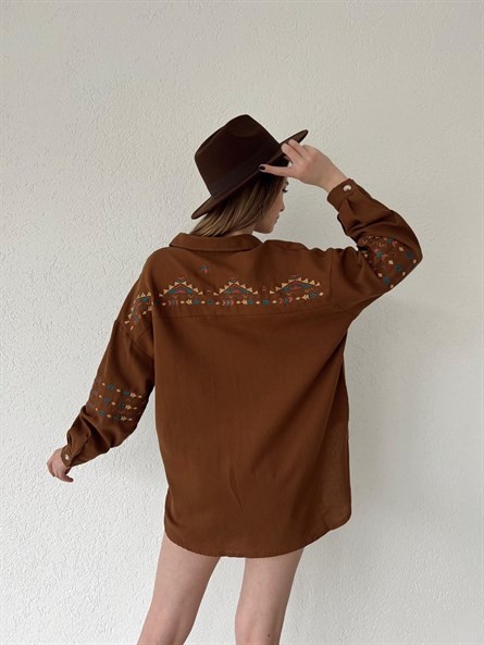 Etnik Nakışlı Oversize Gömlek Kahverengi