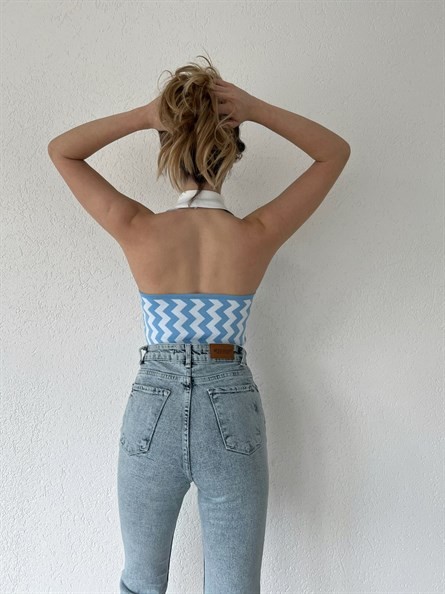 Polo Yaka Düğmeli Triko Bluz Mavi