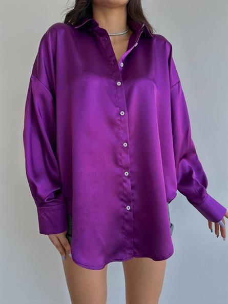 Oversize Saten Gömlek Mor