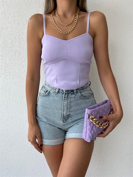 Korse Detay Askılı Triko Bluz Lila