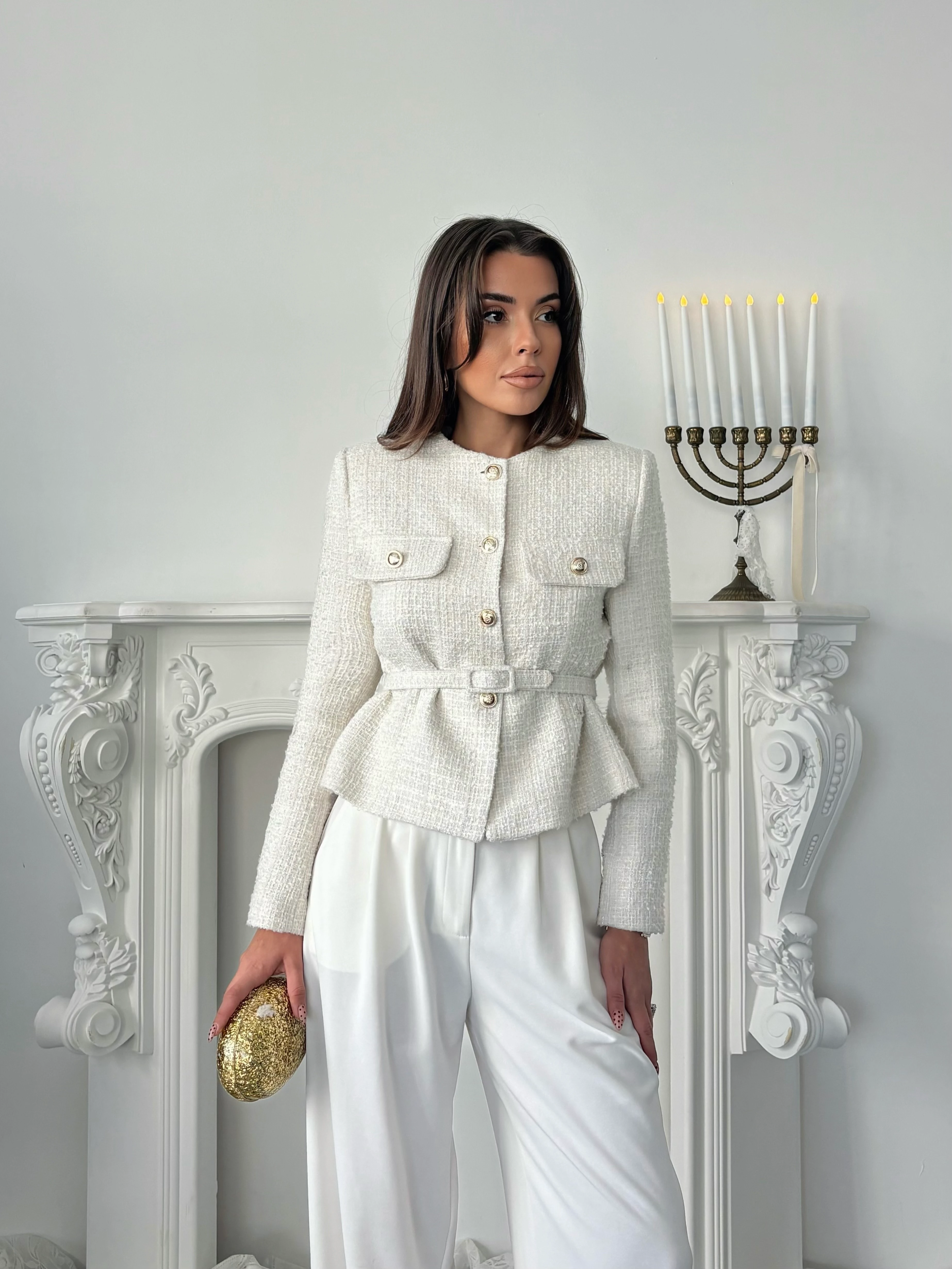 Kemer Detaylı Düğmeli Ceket - Ekru