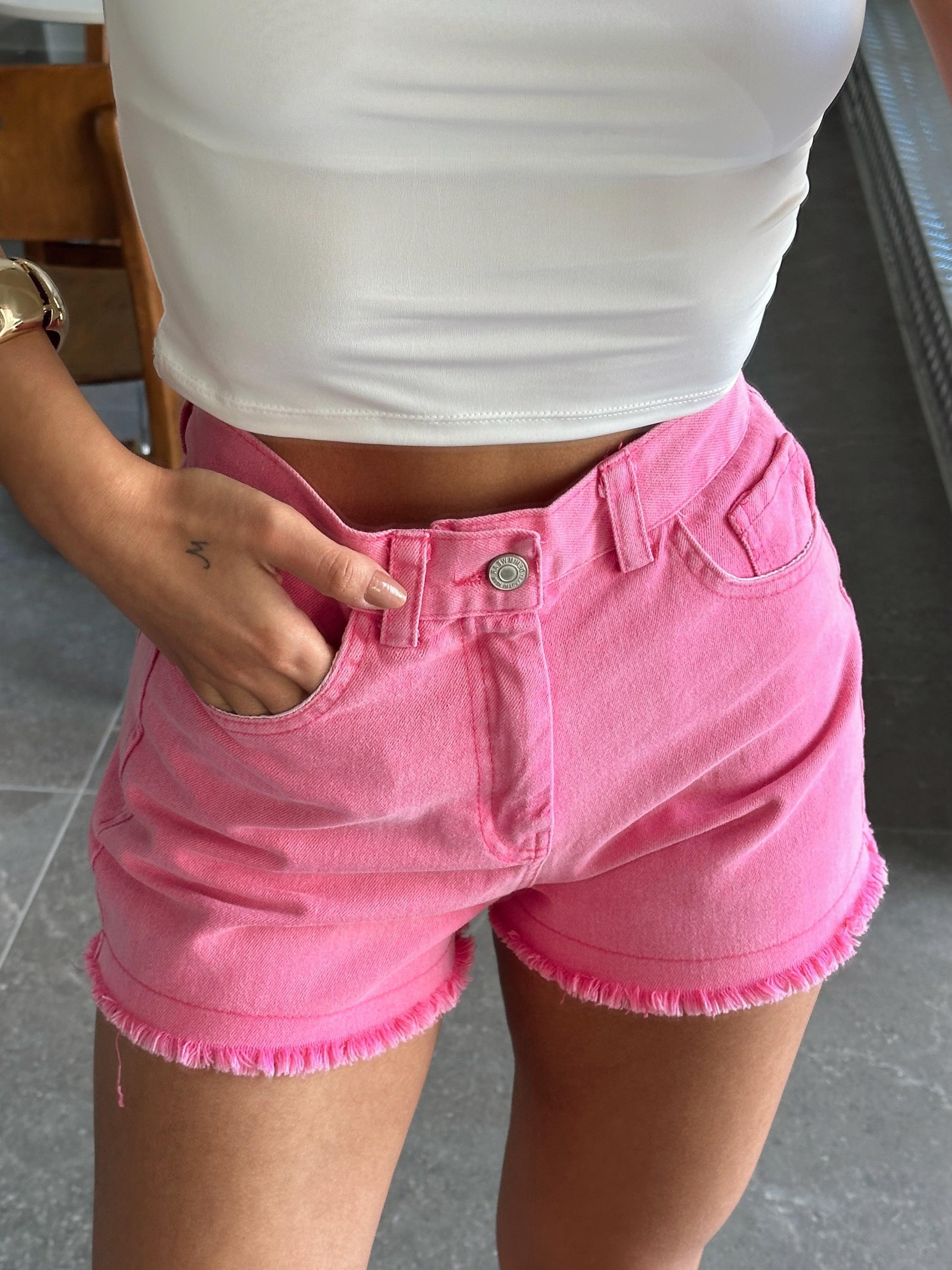 Paça Püskül Kot Şort - Pembe