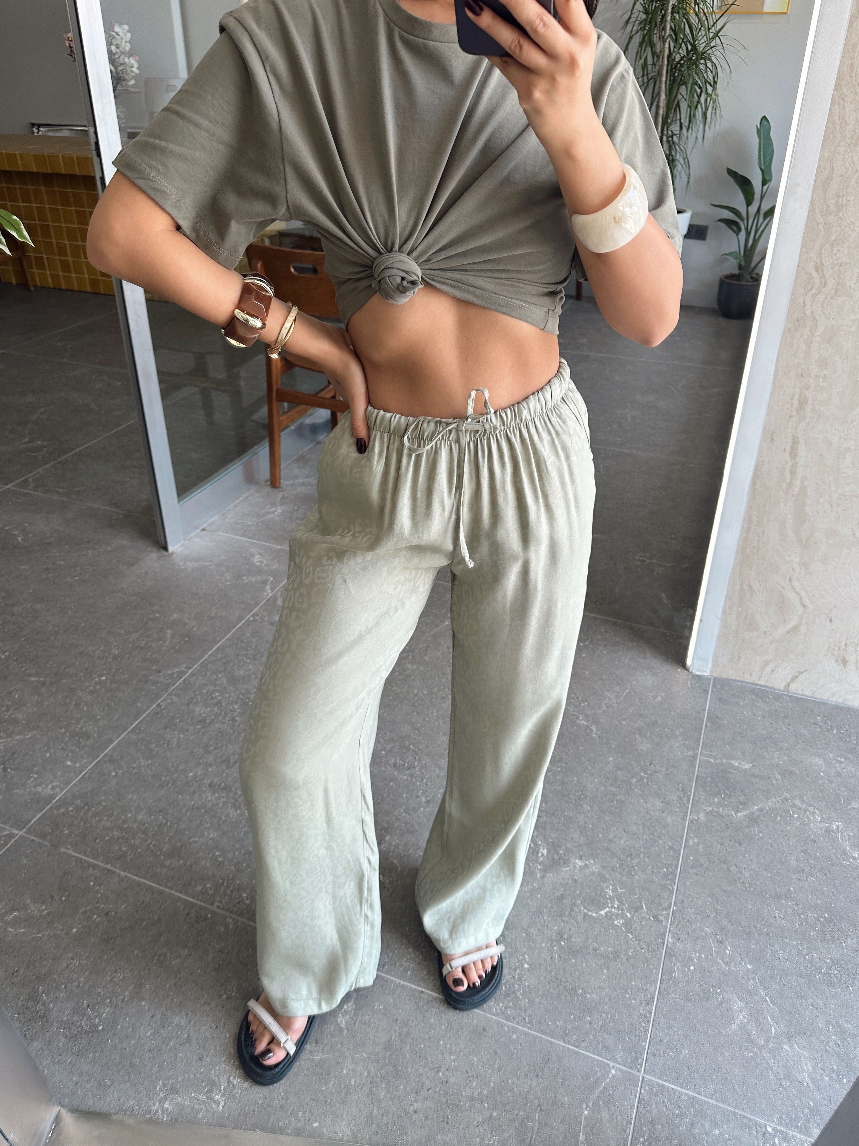 Desenli Parlak Pantolon - Mint