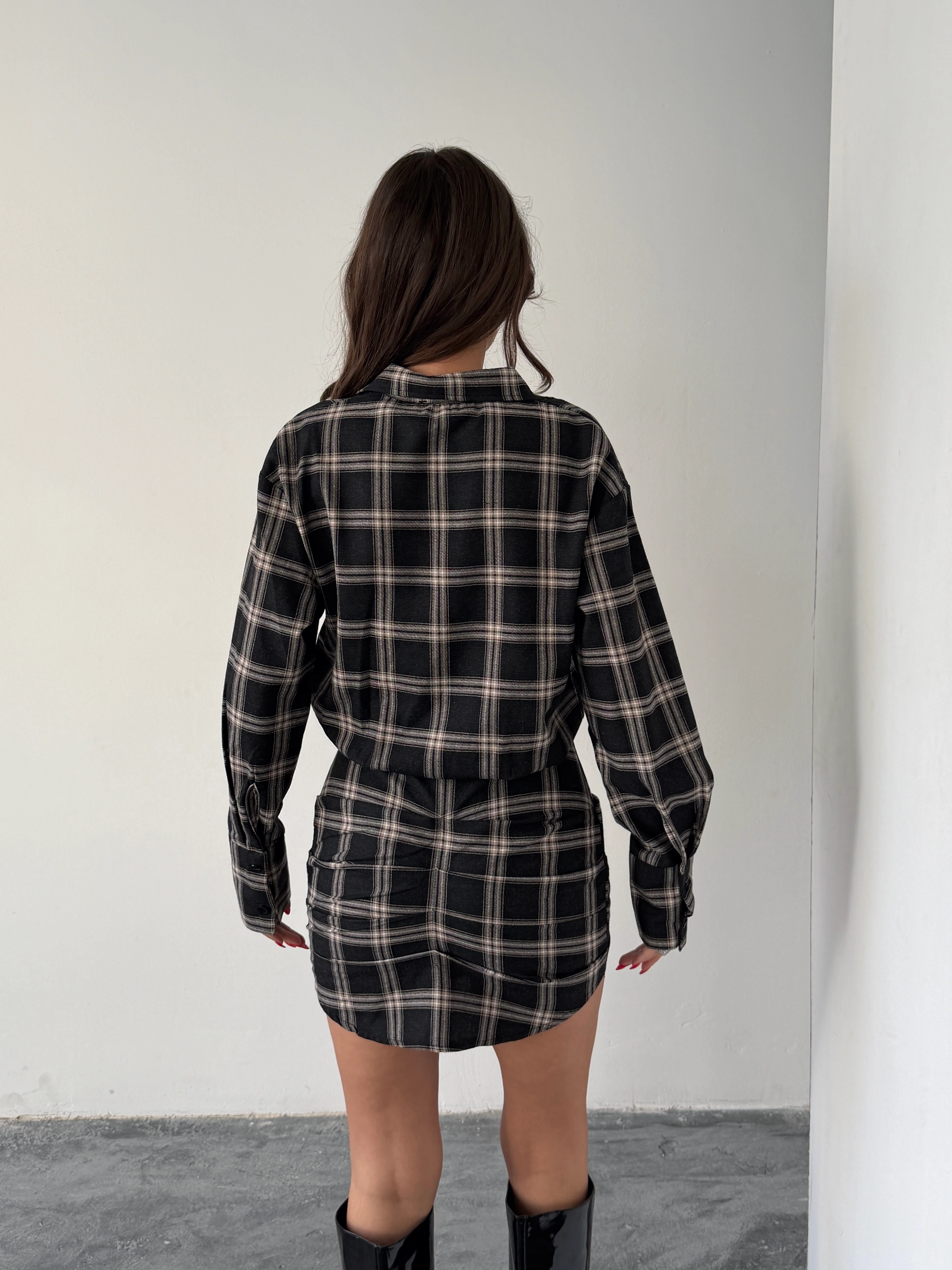 Ekose Gömlek Elbise  - Siyah