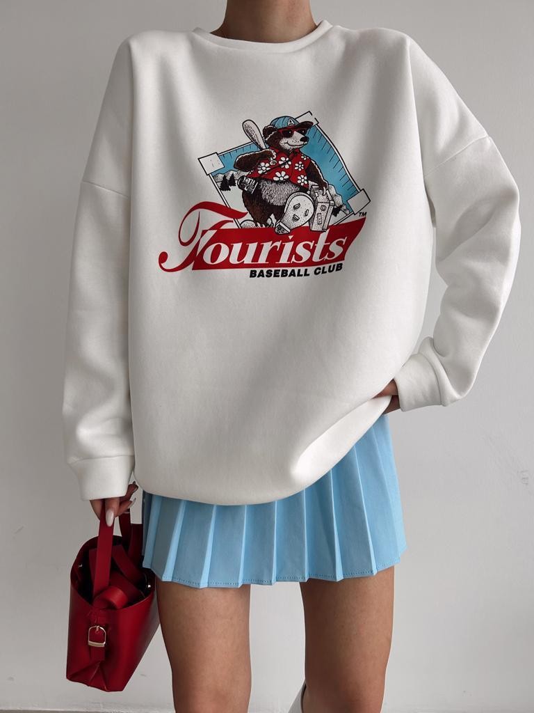 Tourists Baskı Oversize Sweatshirt Beyaz