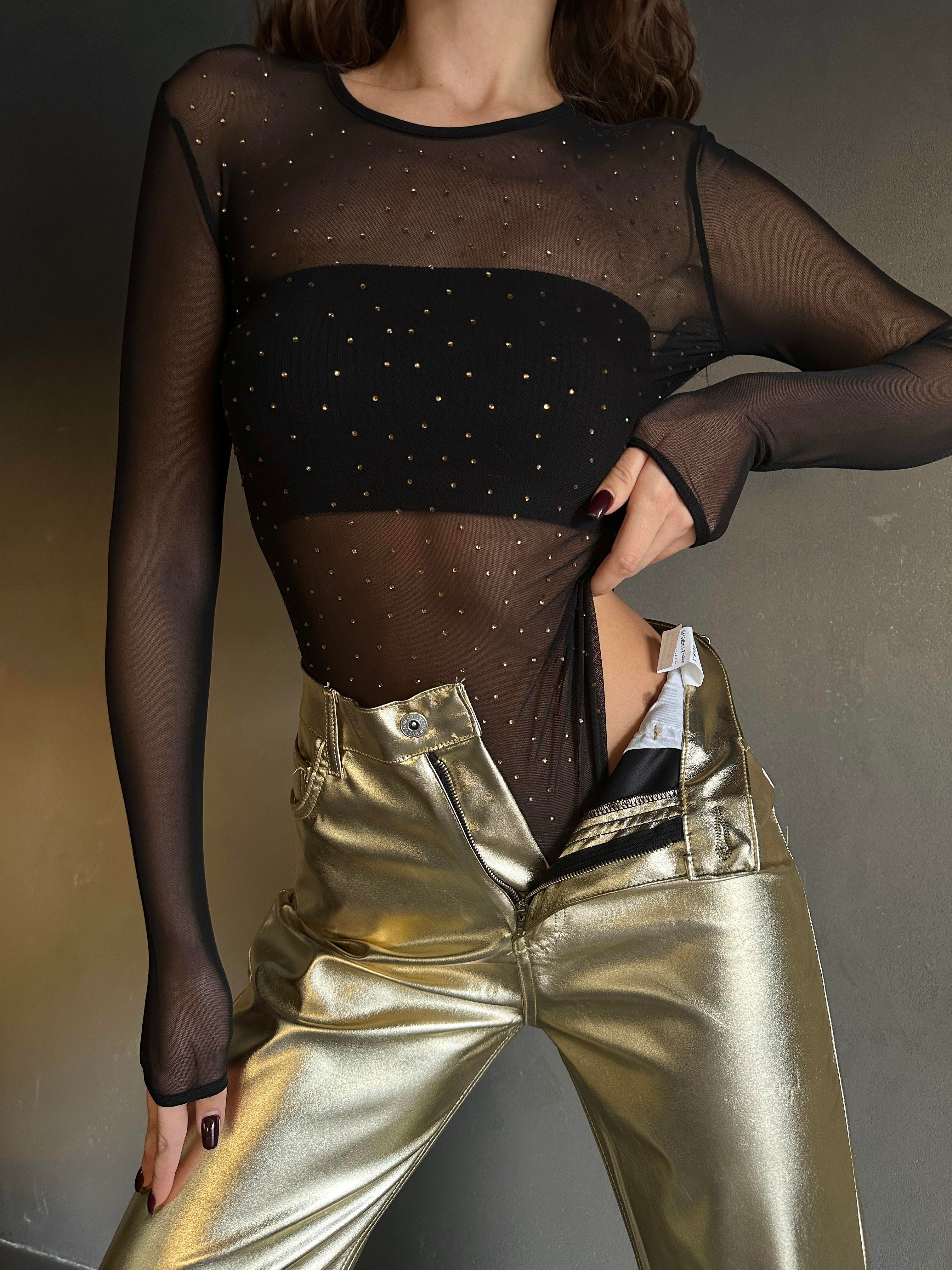 Diamond Transparan Tül Bodysuit Gold