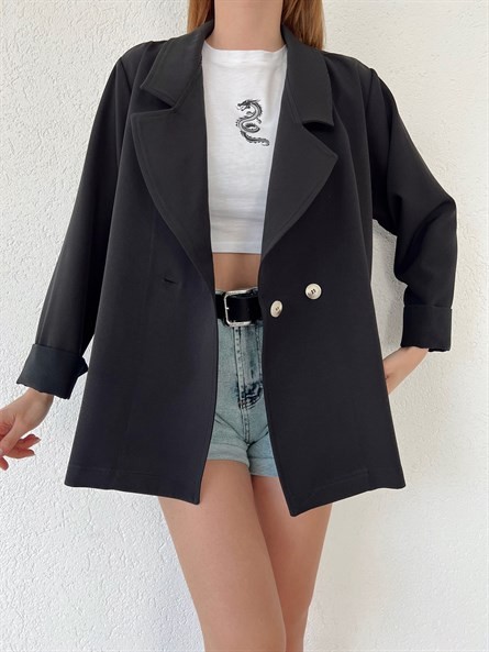 Oversize Düğmeli Kruvaze Ceket Siyah