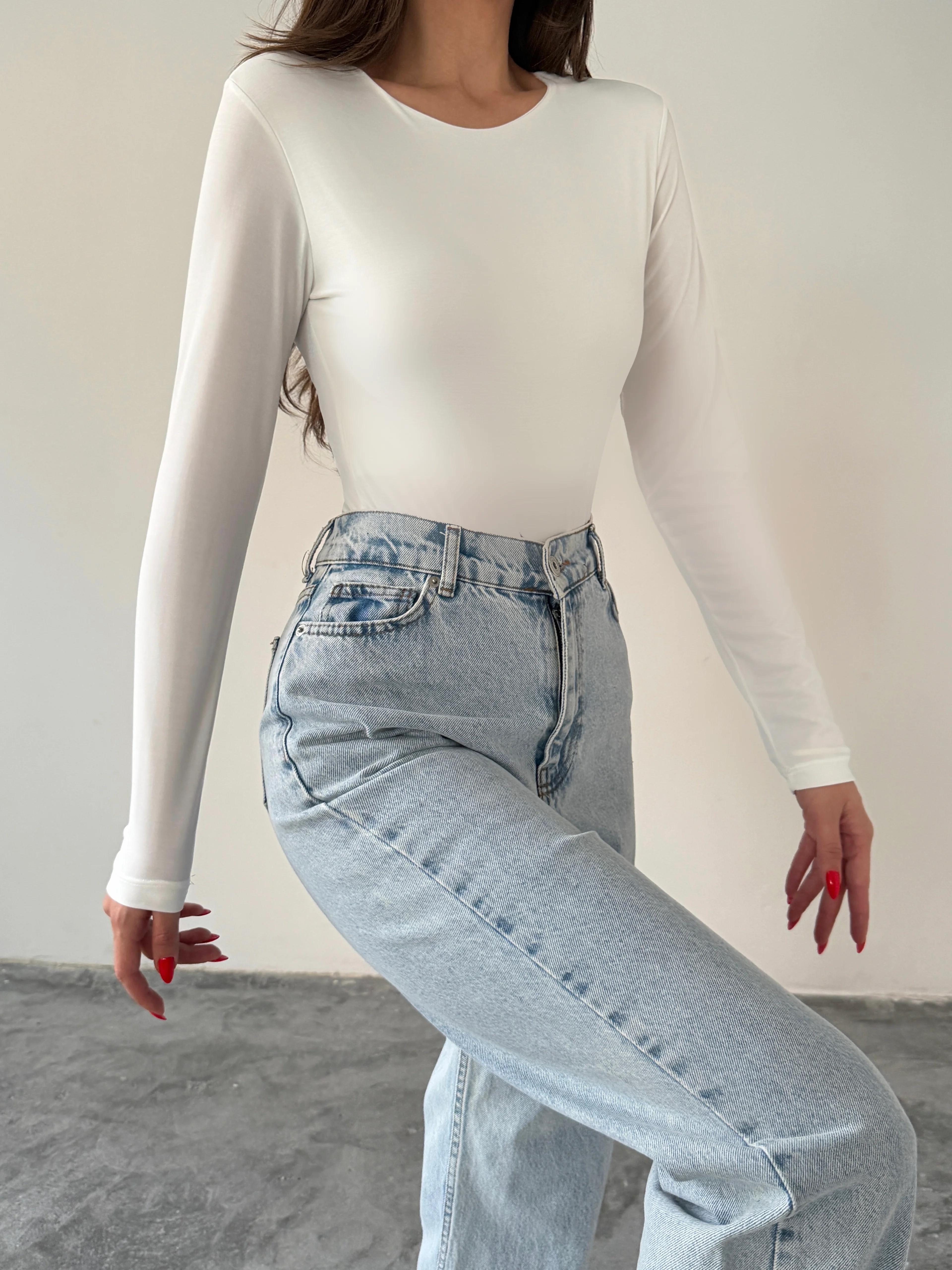 Bisiklet Yaka Bodysuit - Beyaz