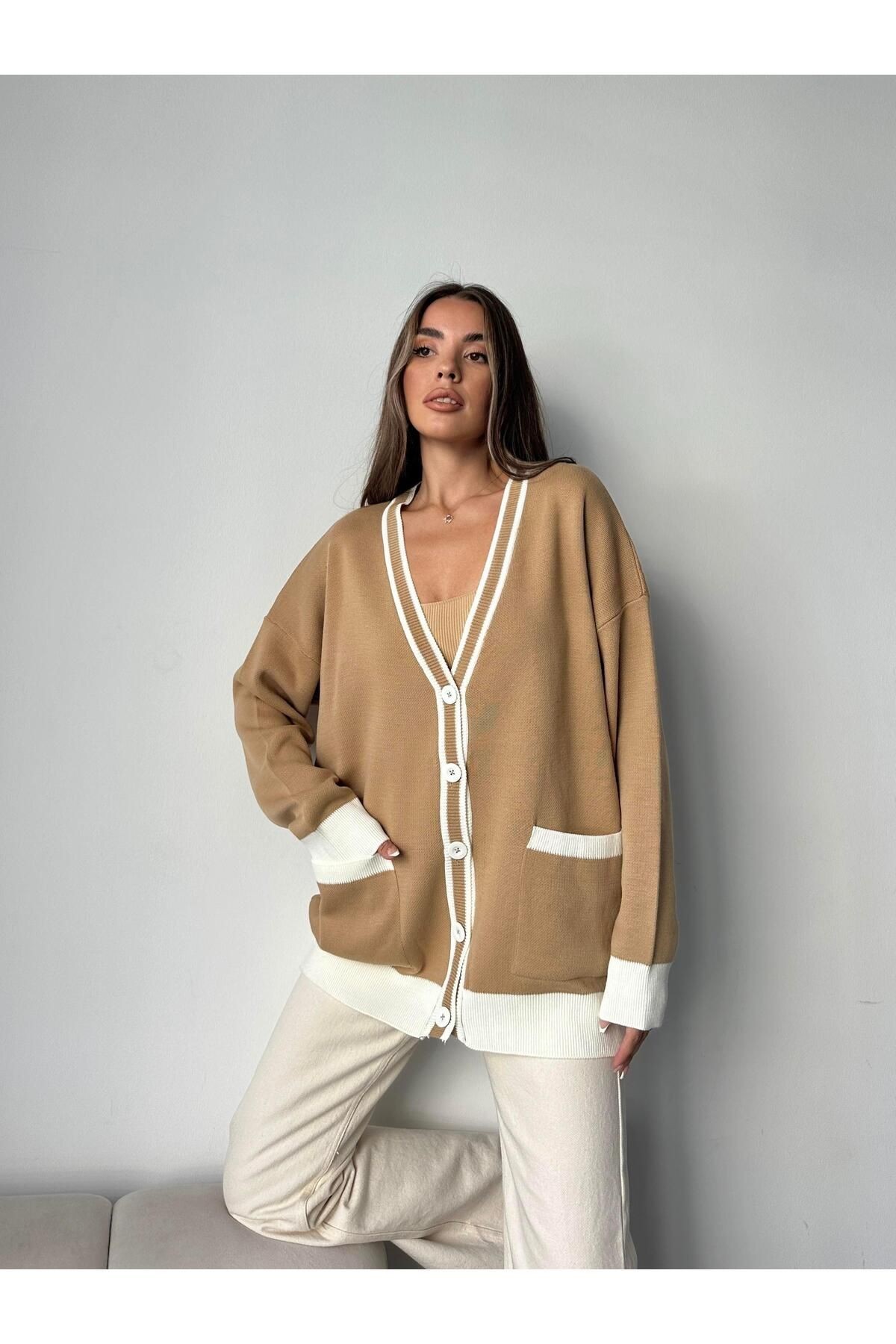 Cepli Oversize Triko Hırka Vizon