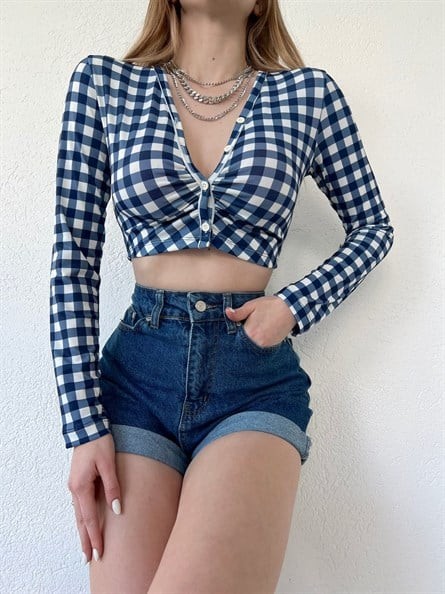 Pitikare Düğmeli Crop Bluz Mavi