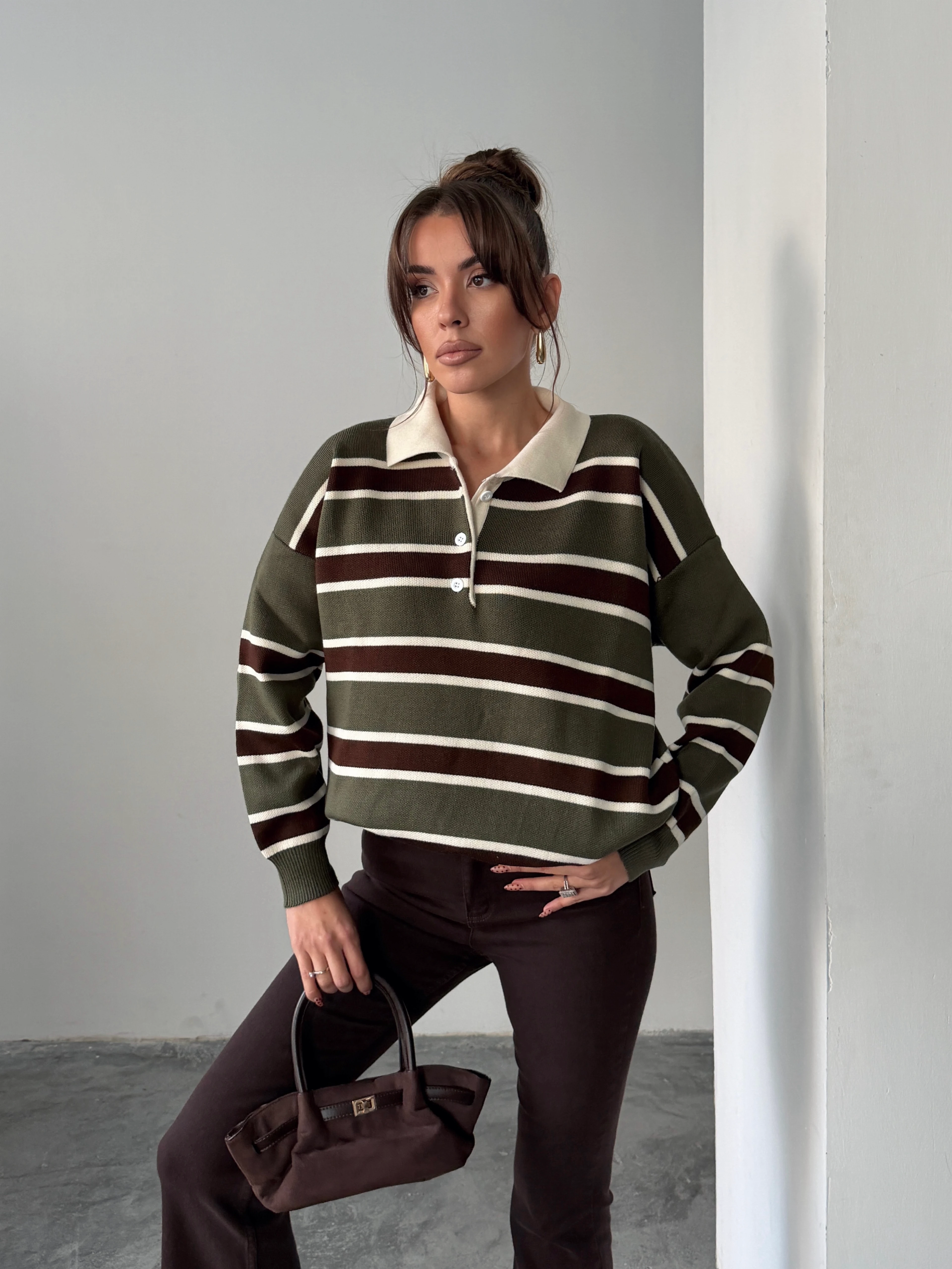 Polo Yaka Çizgili Triko - haki-kahve