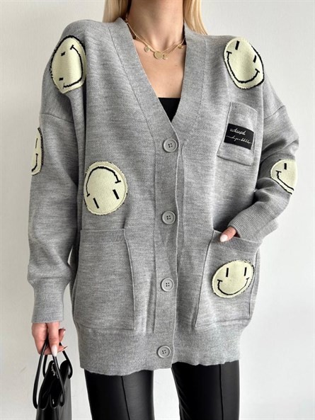 Oversize Emoji Triko Hırka Gri