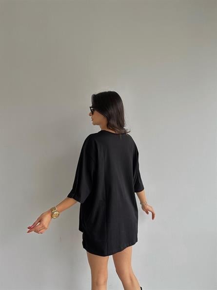 Animal Nakış Oversize T-shirt Siyah