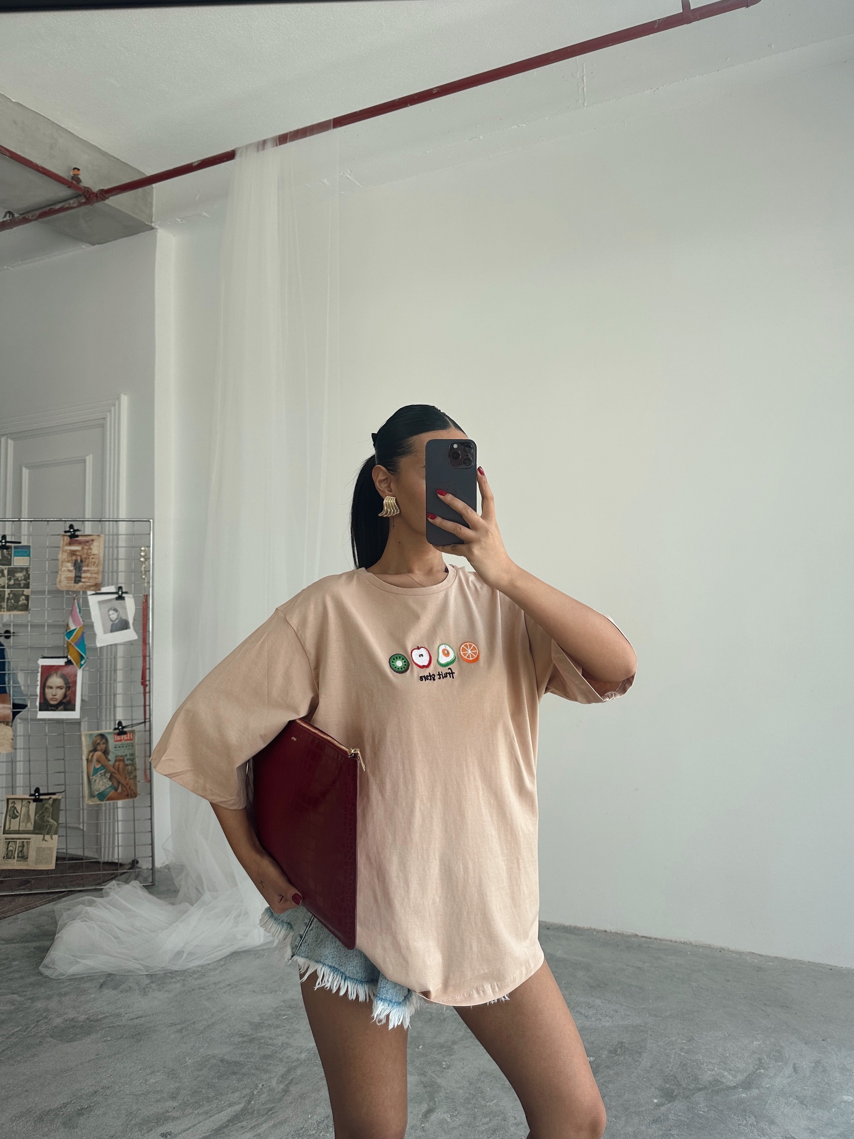 Fruit Nakış Basic T-shirt Vizon