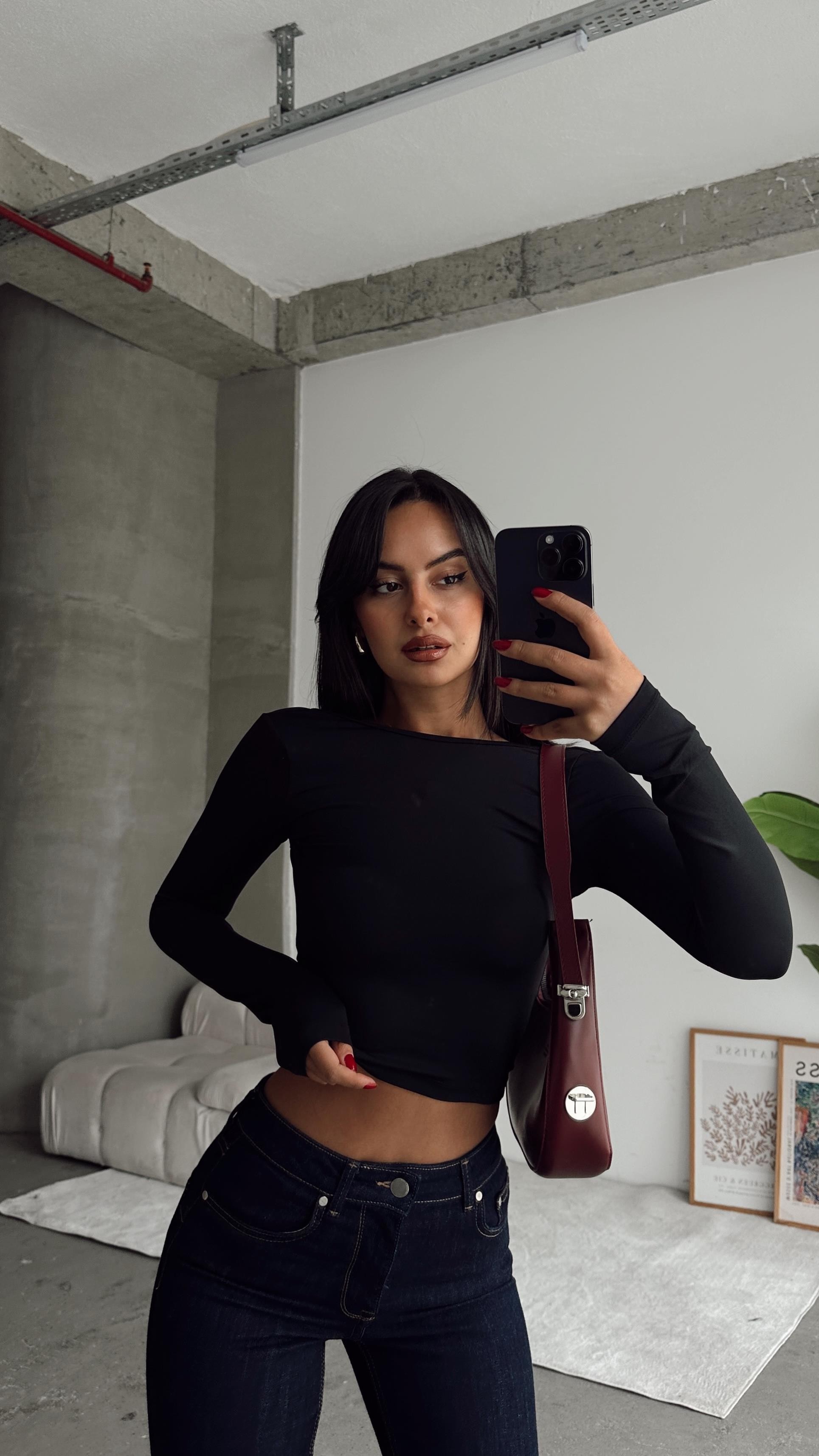 Sırt Dekolte Scuba Bluz Siyah