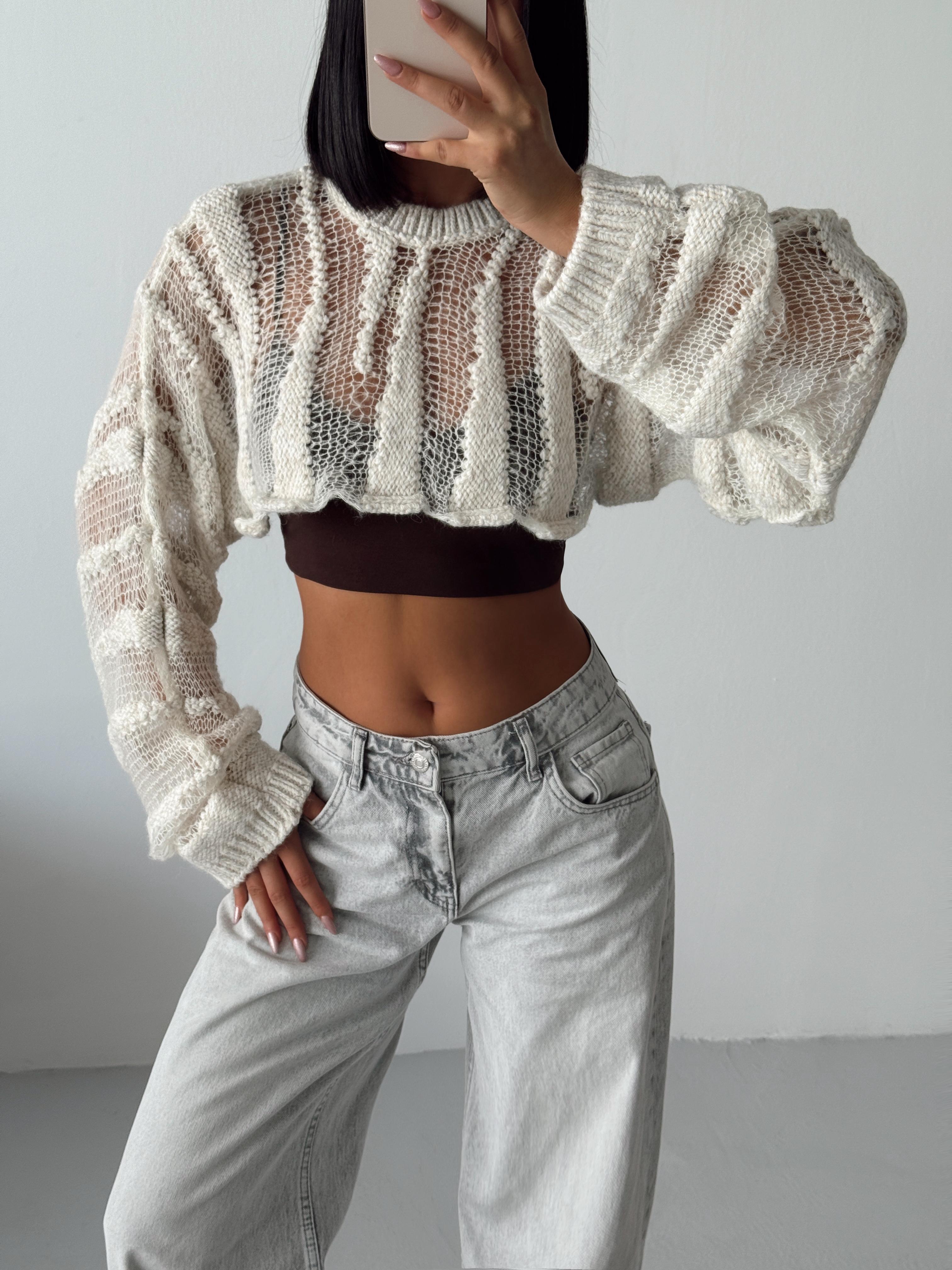 Ajurlu Crop Triko - Krem