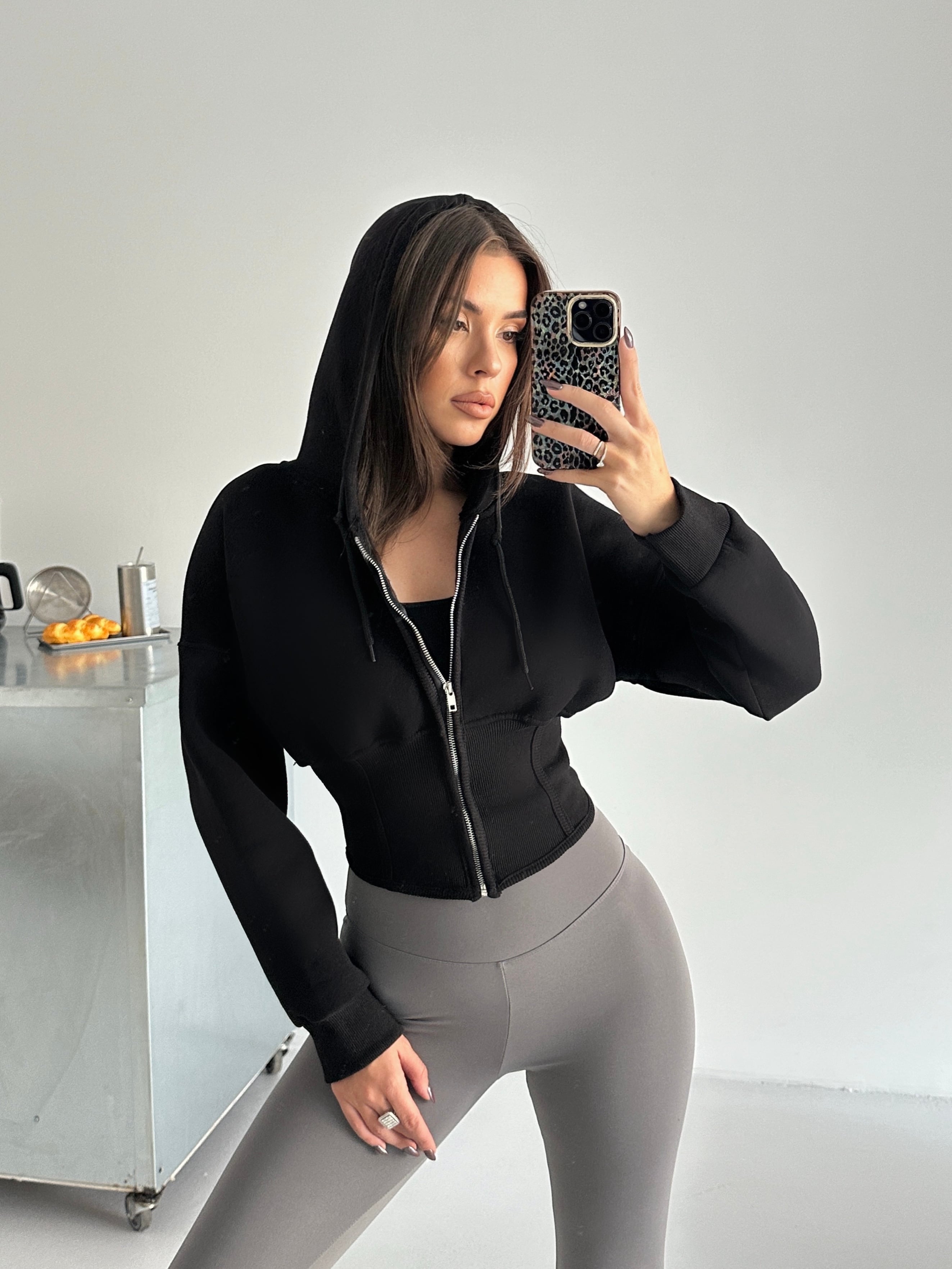 Korse Manşet Fermuarlı Sweat Hırka - Siyah
