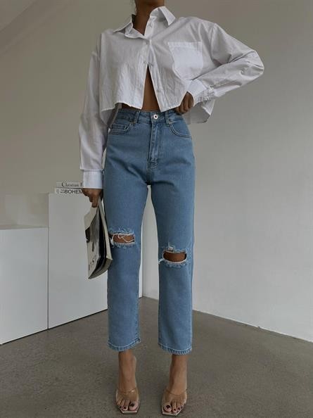 Distressed Mom Jean Açık Mavi