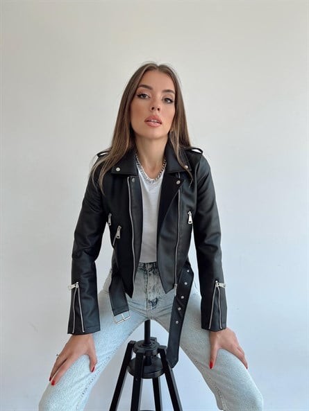 Kemerli Biker Deri Ceket Siyah