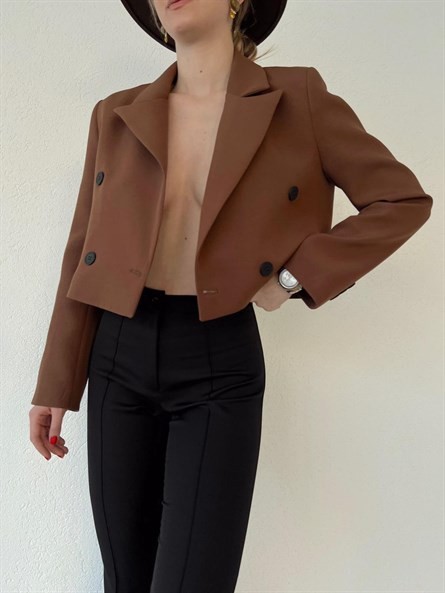 Düğmeli Kruvaze Crop Blazer Ceket Kahverengi