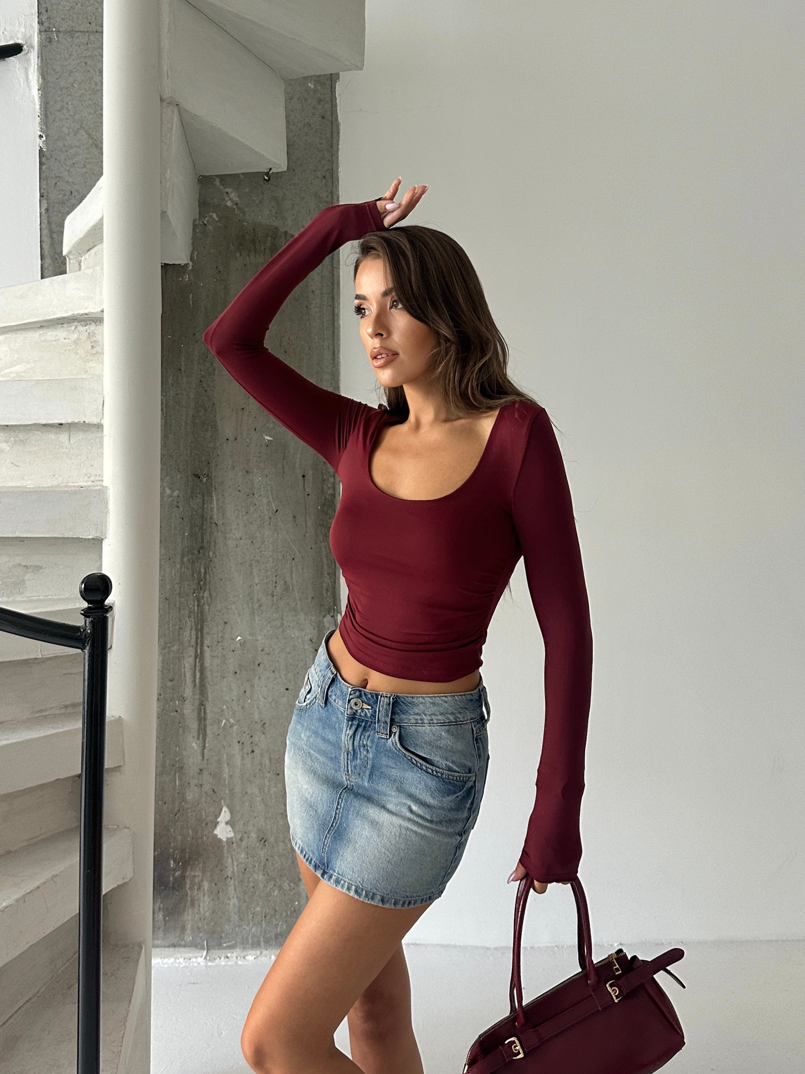 Kare Yaka Uzun Kol Bluz - Bordo