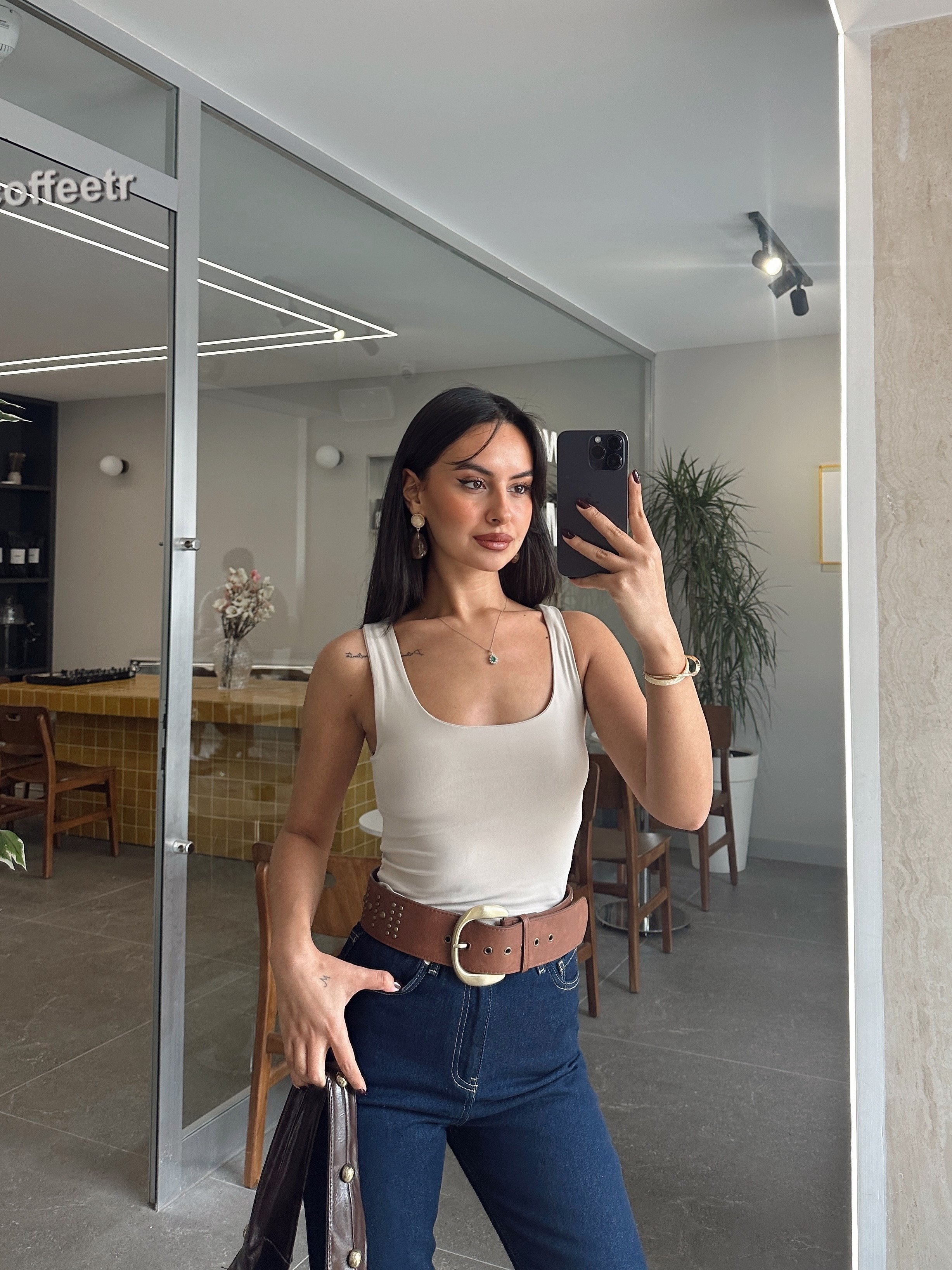 U Yaka Kalın Askı Atlet - Bej