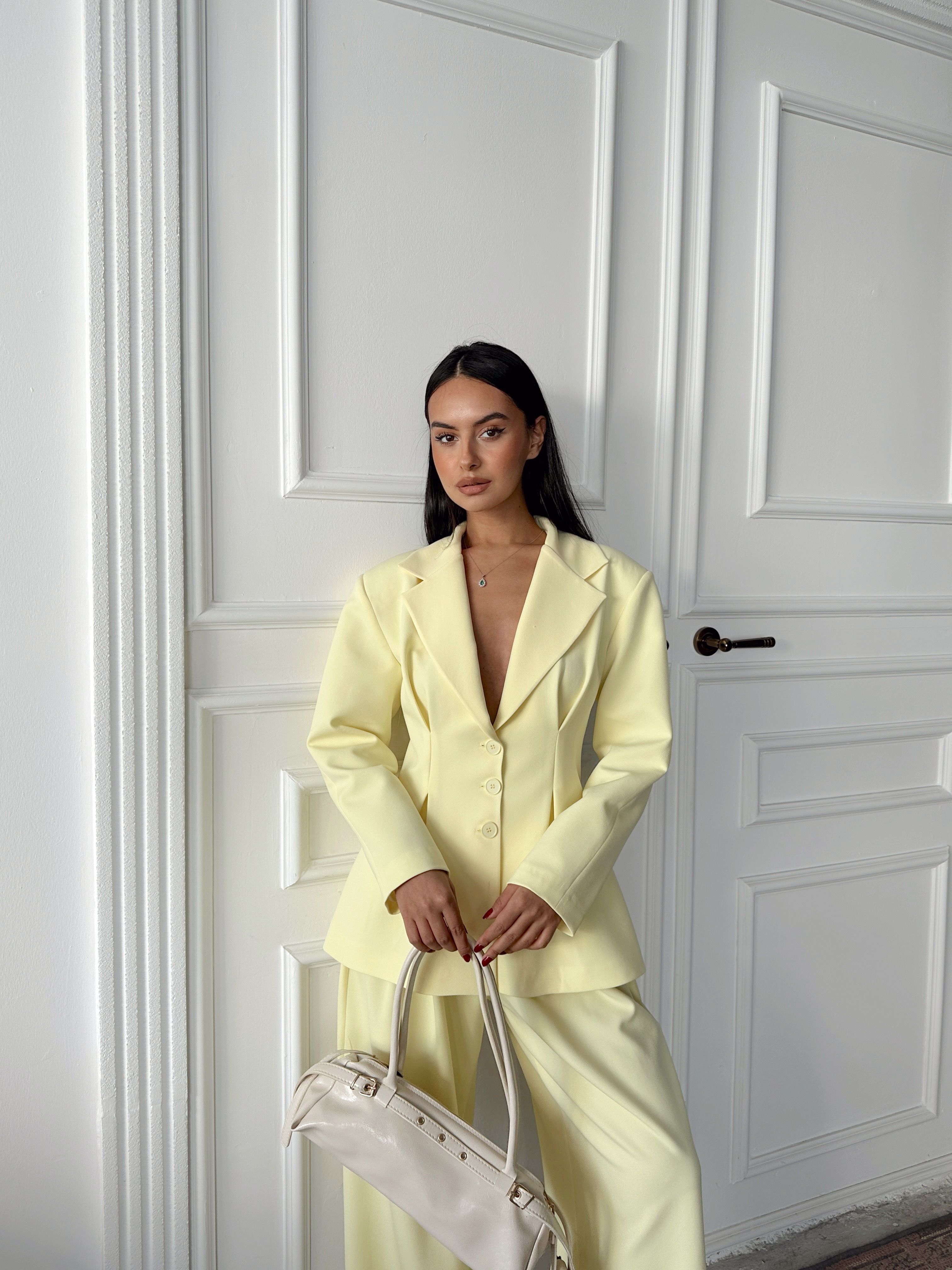 Pile Detay Oturtmalı Blazer Ceket  - Sarı