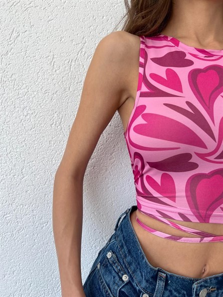 Halter Yaka Bel Çarpraz Desenli Crop Pembe