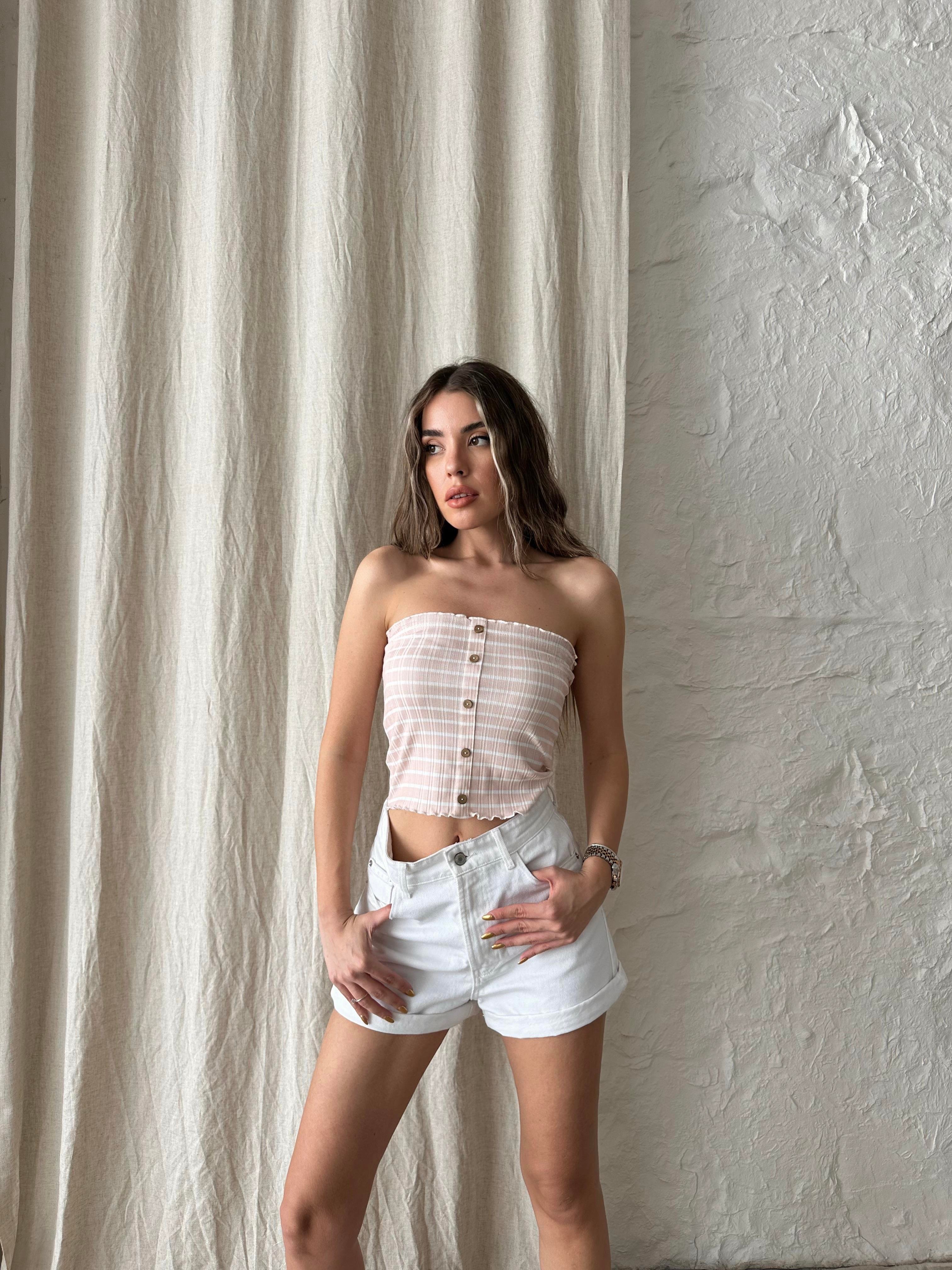 Düğmeli Straplez Crop Pudra Pembe