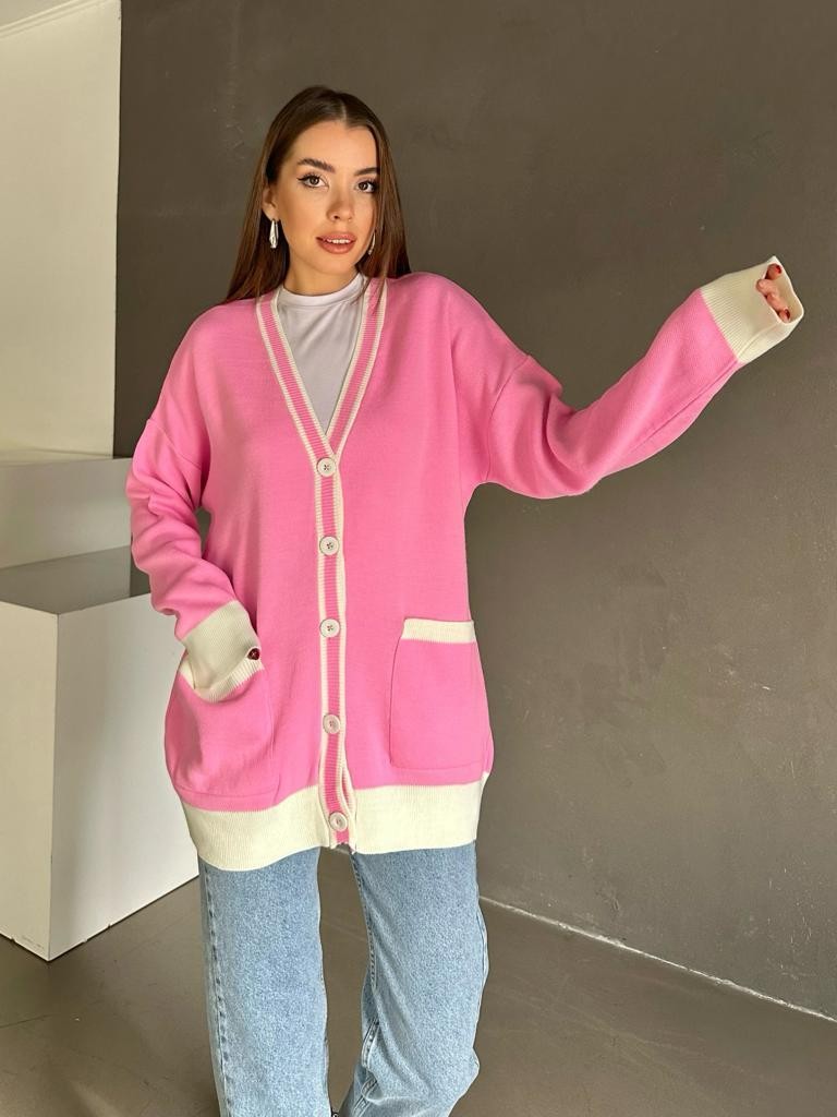 Cepli Oversize Triko Hırka Pembe