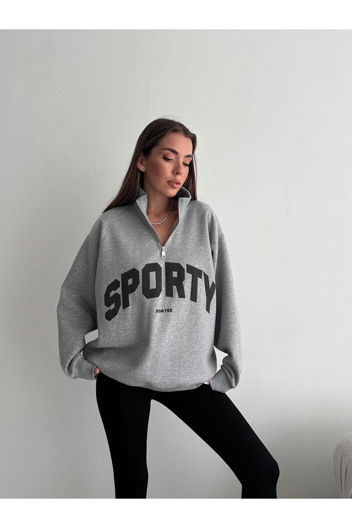 Yarım Fermuar Sporty Sweat Gri Melanj