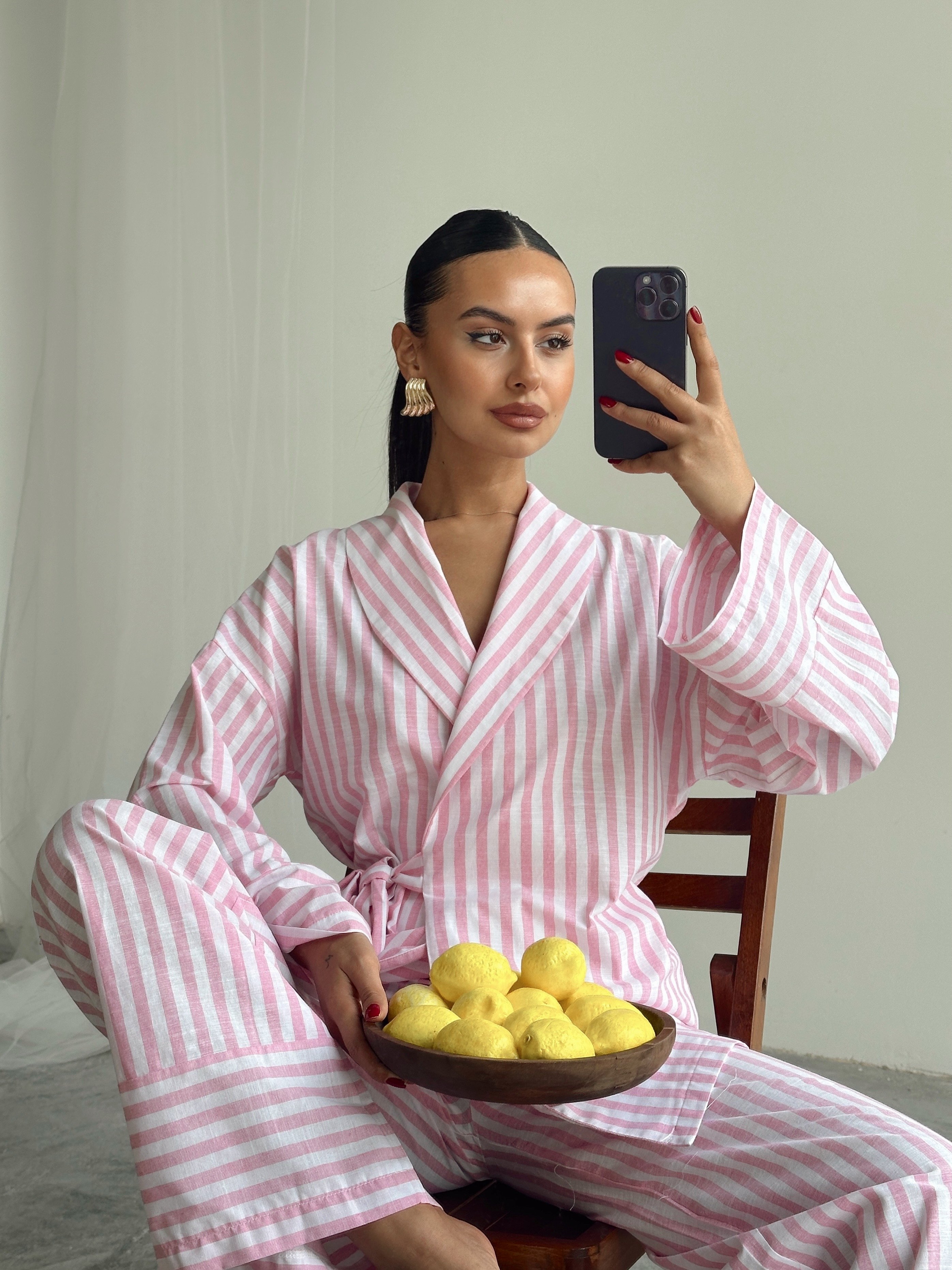 Çizgili Kimono Takım  - Pembe