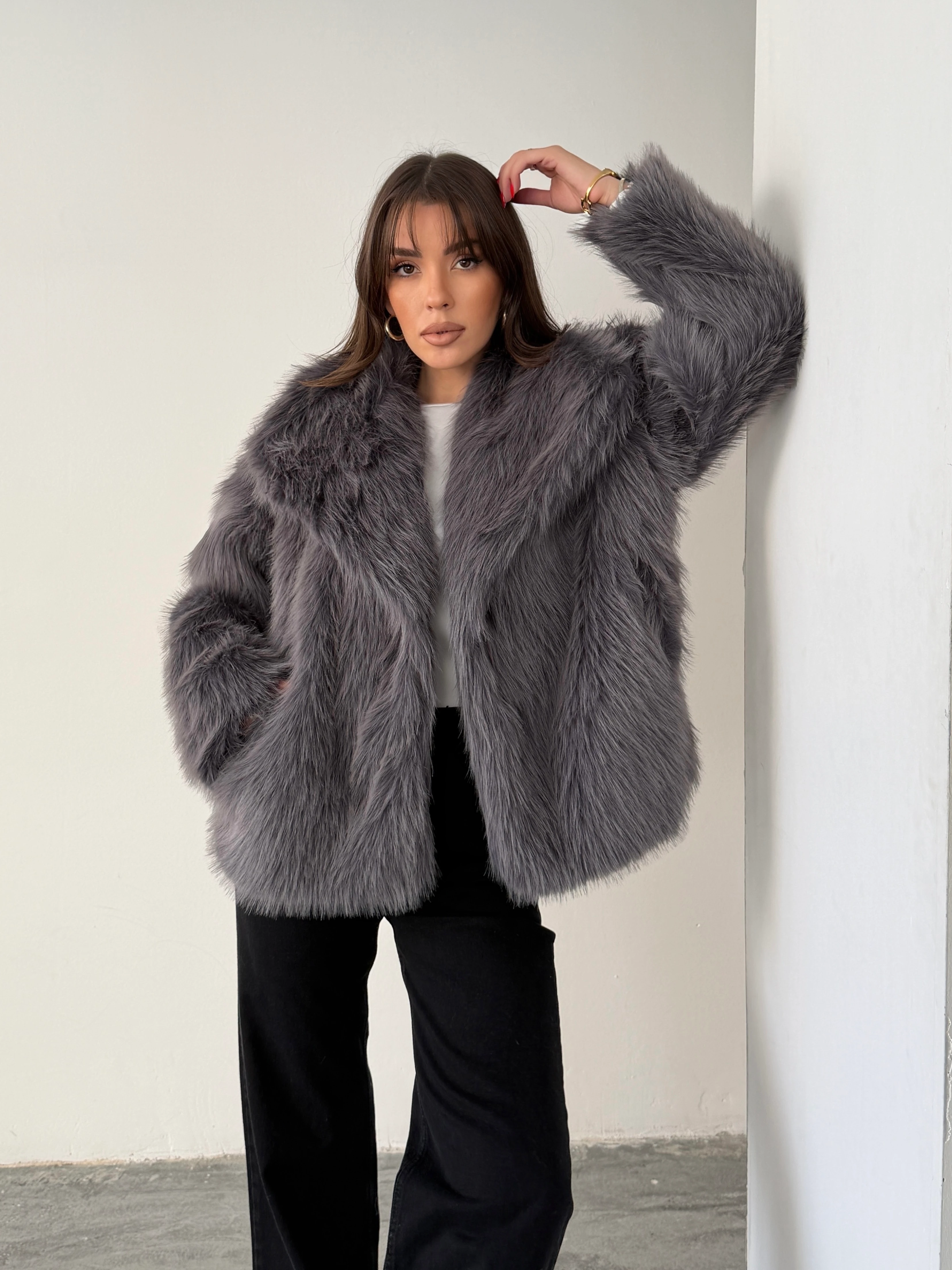 Çıtçıtlı Suni Kürk Ceket - Antrasit