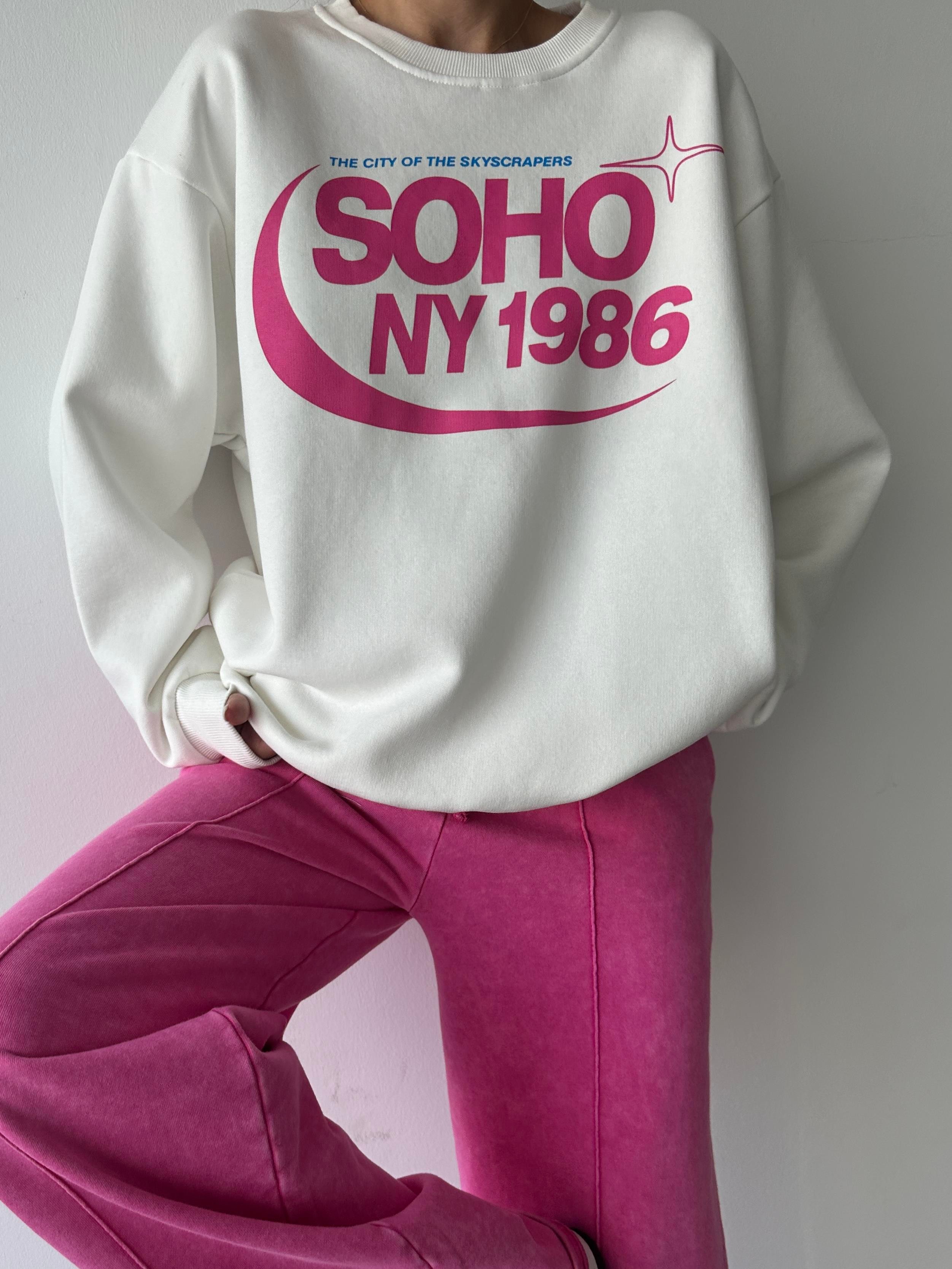 Soho Baskı Bisiklet Yaka Sweat Beyaz