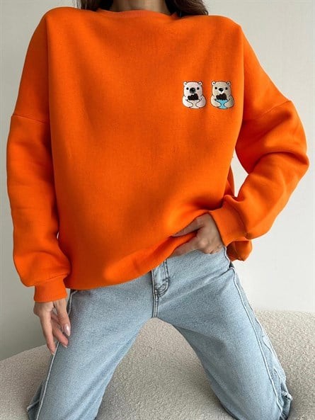 Twin Bear İşleme Oversize Sweatshirt Turuncu