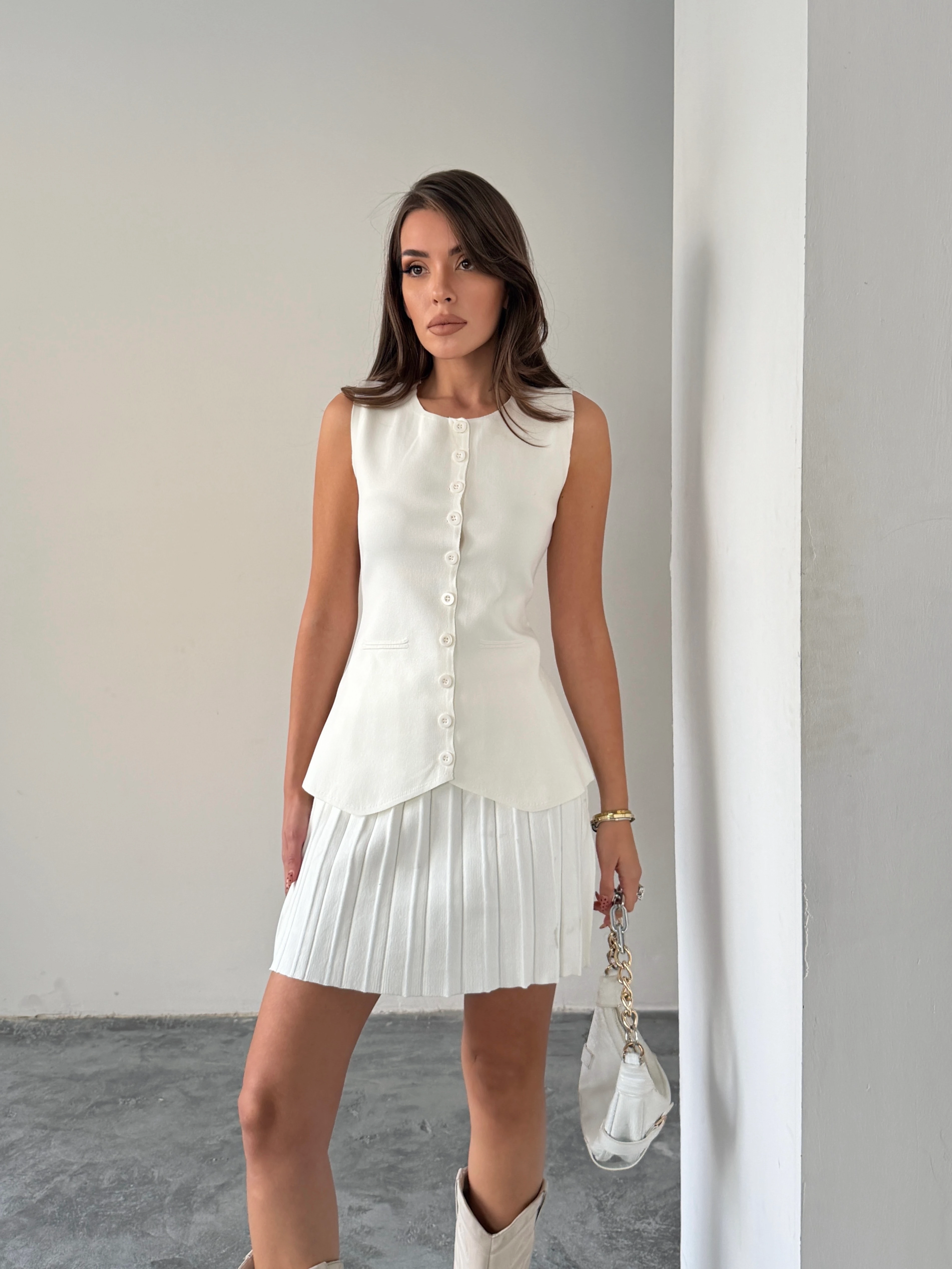 Pileli Etekli Triko Takım  - Ekru