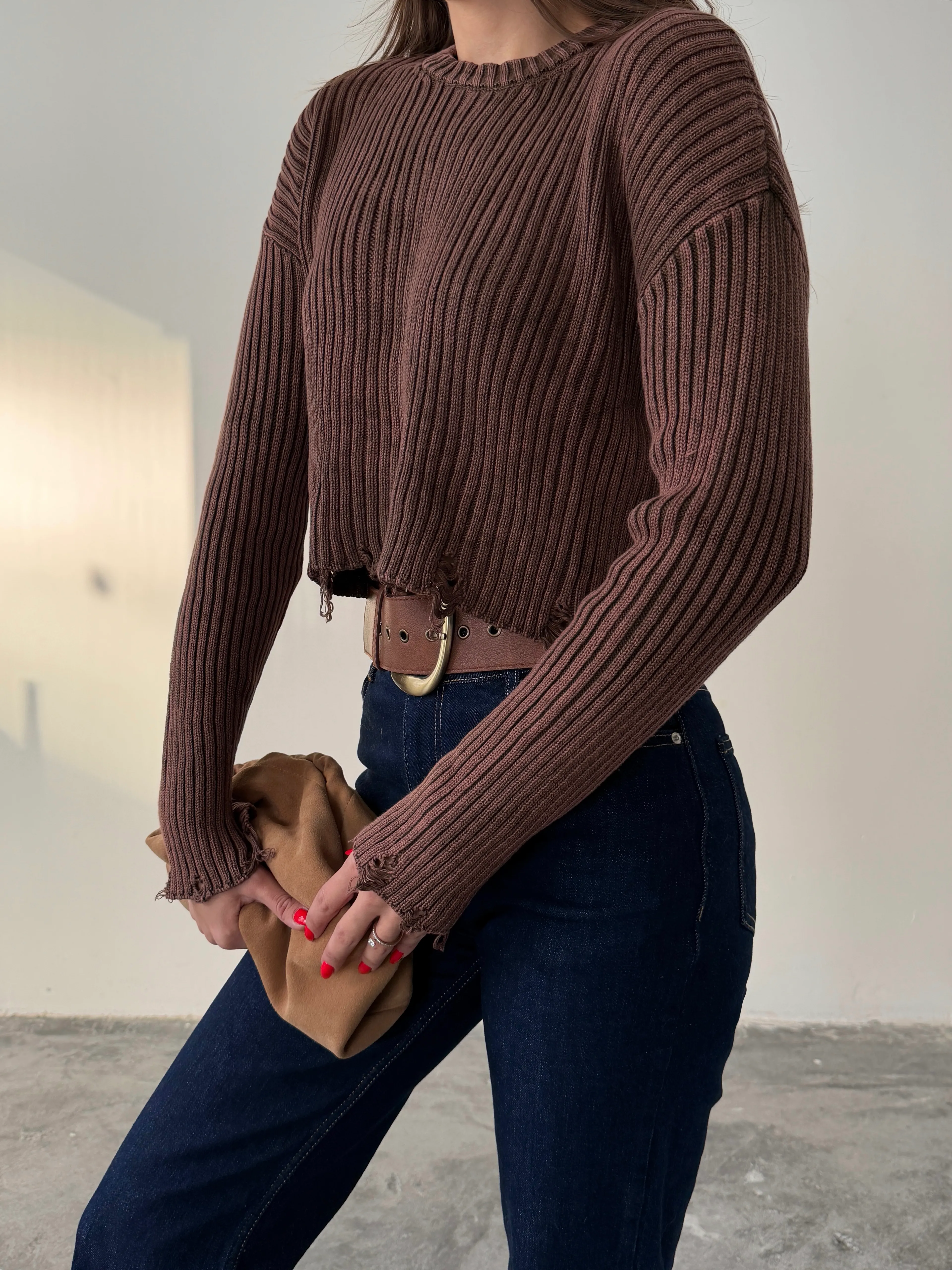 Yırtık Detay Crop Triko  - Acı kahve