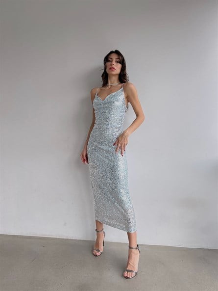 Degaje Yaka Pul Payet Midi Elbise Bebe Mavi
