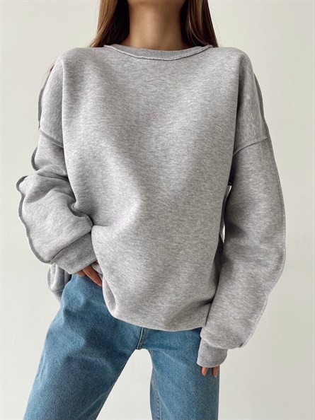 Dikiş Detay Şardonlu Oversize Sweat Gri