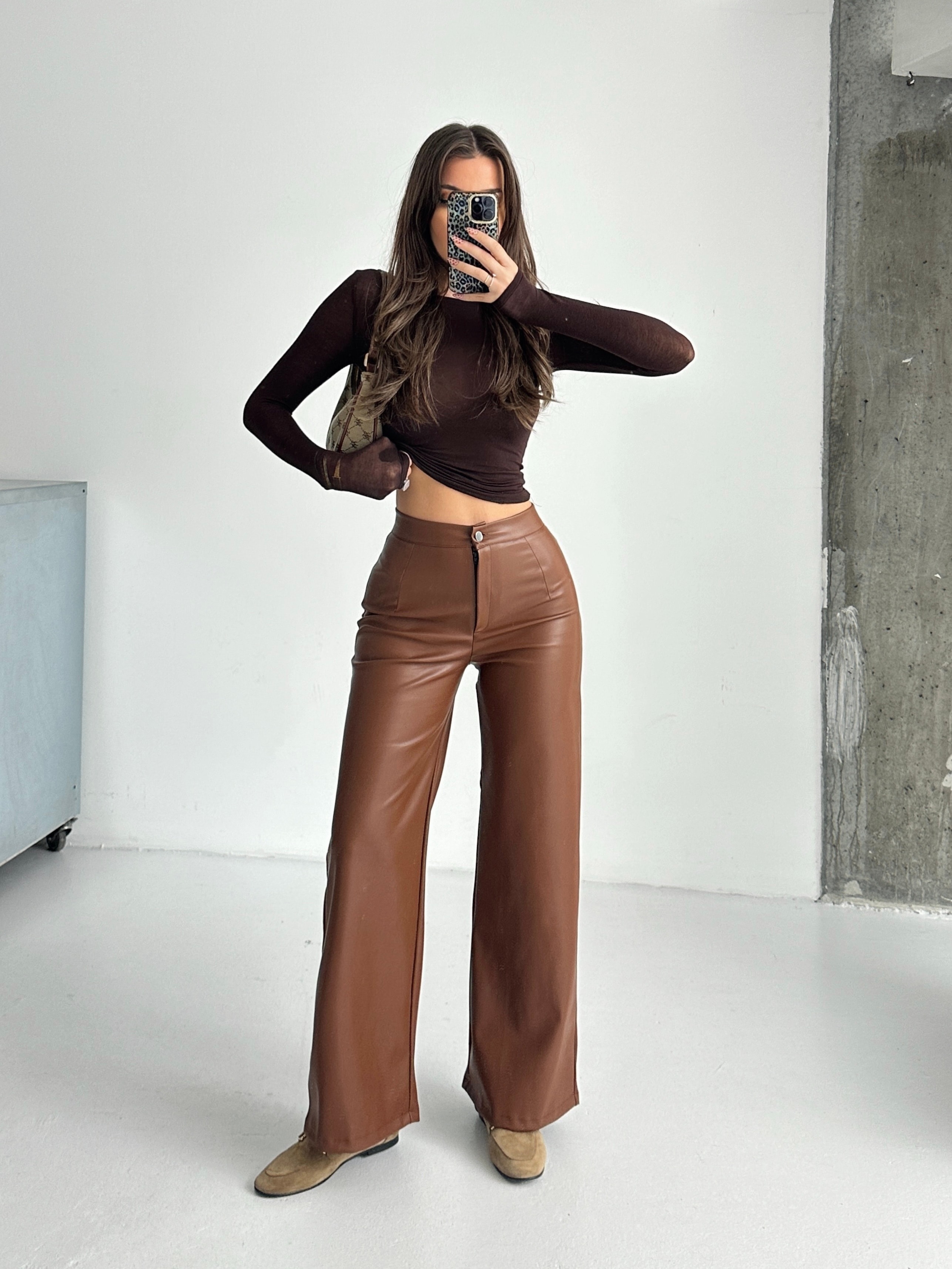 Düz Kesim Şardonlu Deri Palazzo  - Taba