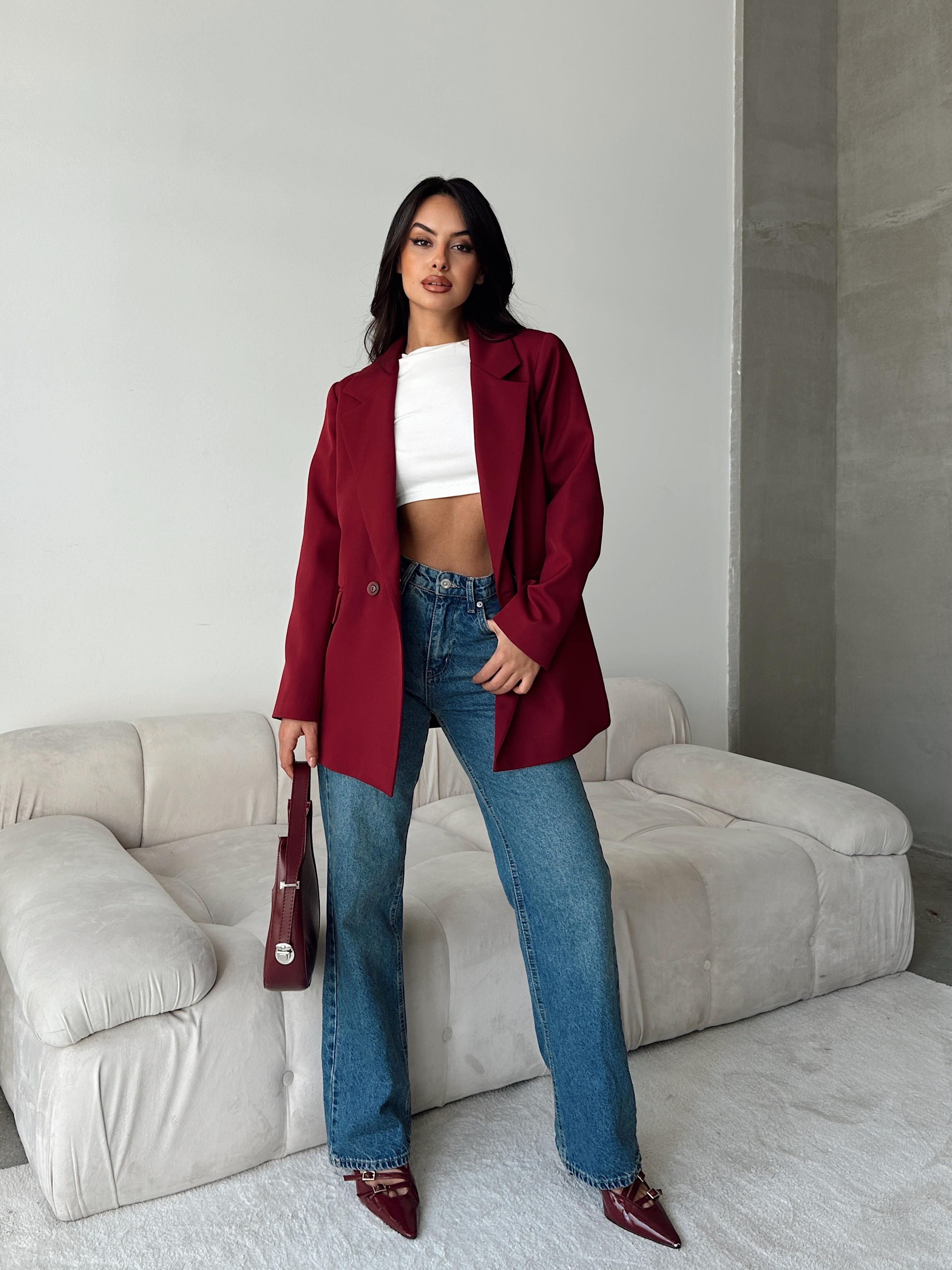 Çift Düğme Blazer Ceket Bordo