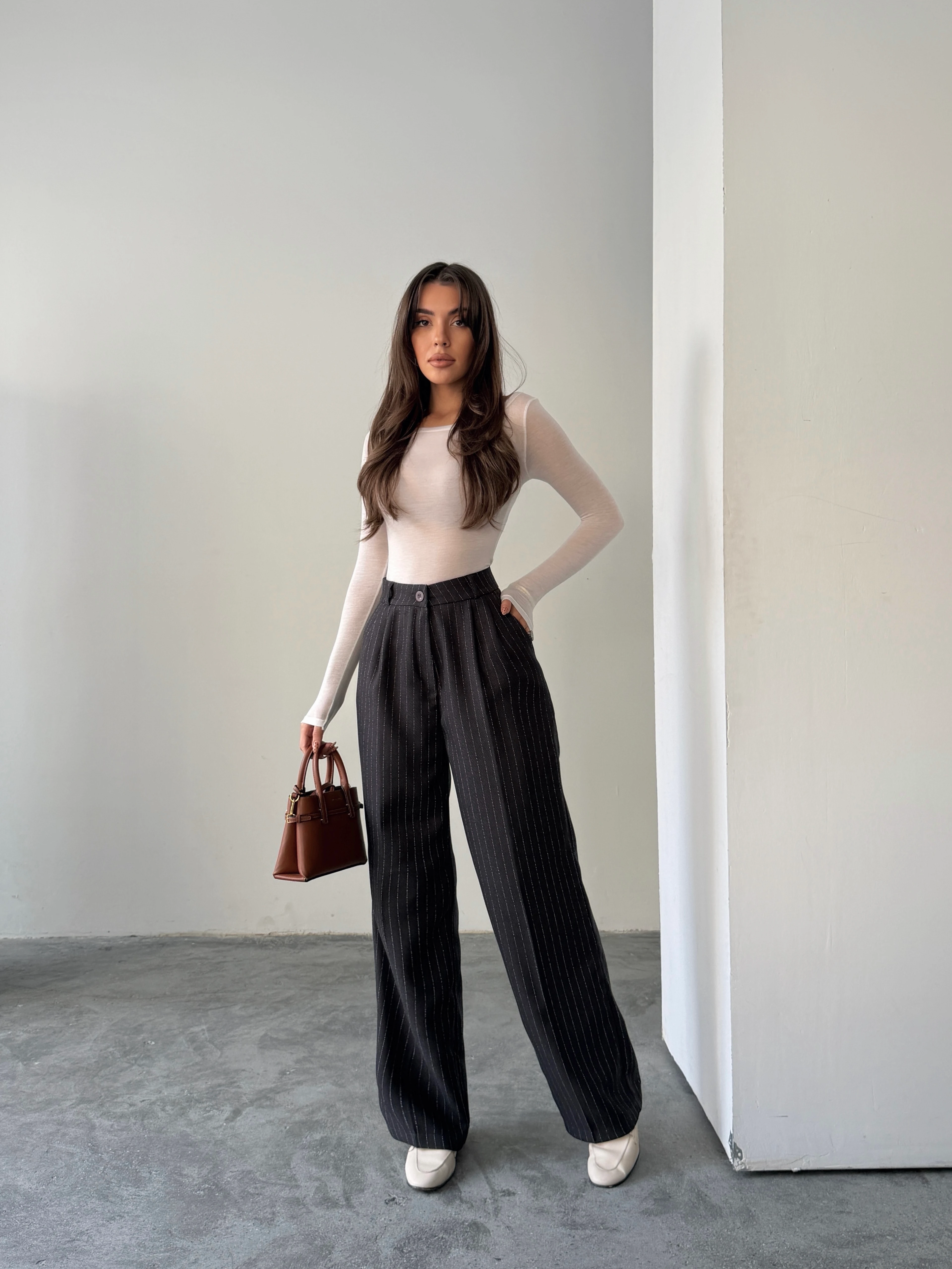 Yünefekt Çizgili Palazzo - Füme