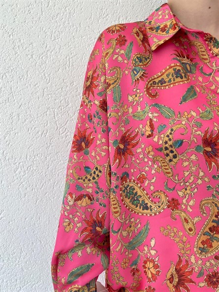 Bohem Desen Oversize Saten Gömlek Pembe