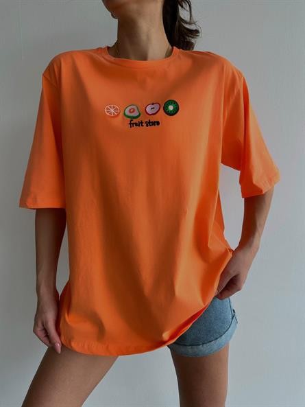 Fruit Nakış Basic T-shirt Turuncu