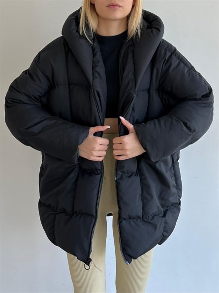 Kapüşonlu Şişme Kadın Mont Siyah