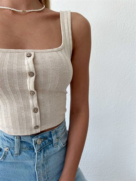 Düğmeli Kalın Askı Crop Top Krem