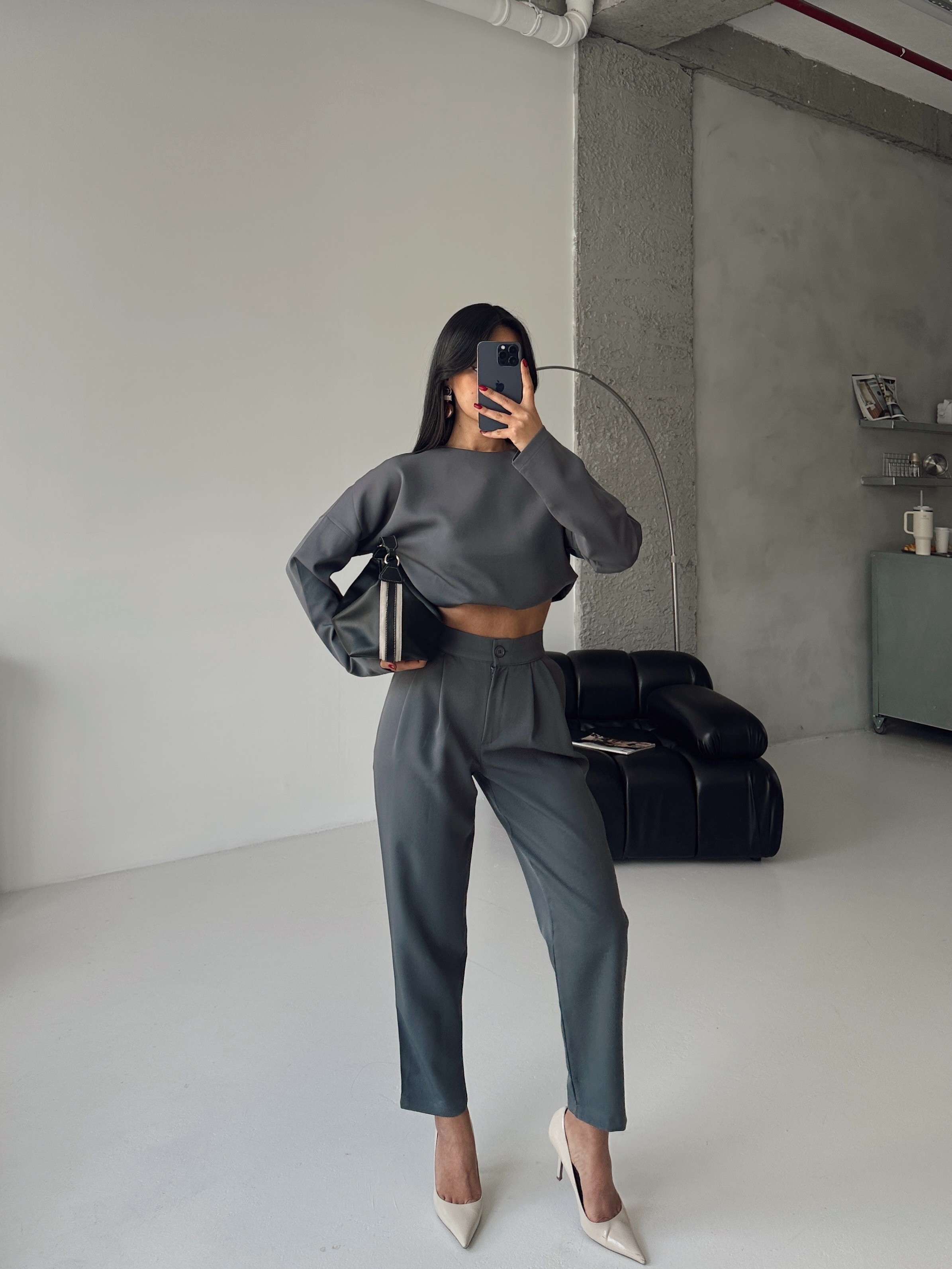 Petra Crop Pantolon Takım Füme